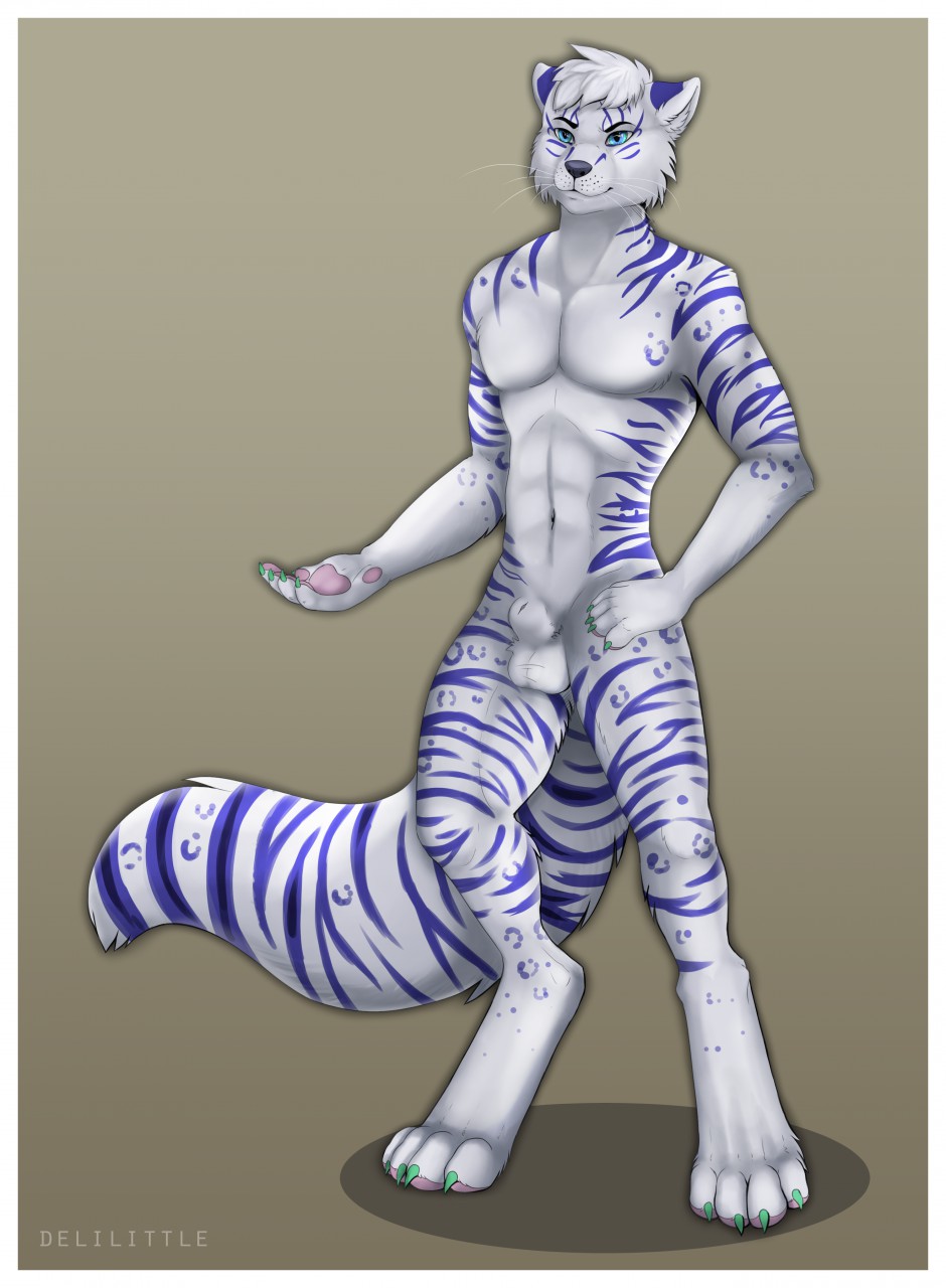 2015 abs anthro balls blue_eyes canine claws delilittle feline fur hair hybrid leopard male male_only mammal nude pawpads paws plain_background pose purple_fur purple_stripes sheath snow_leopard solo striped_body tiger white_fur white_hair wolf