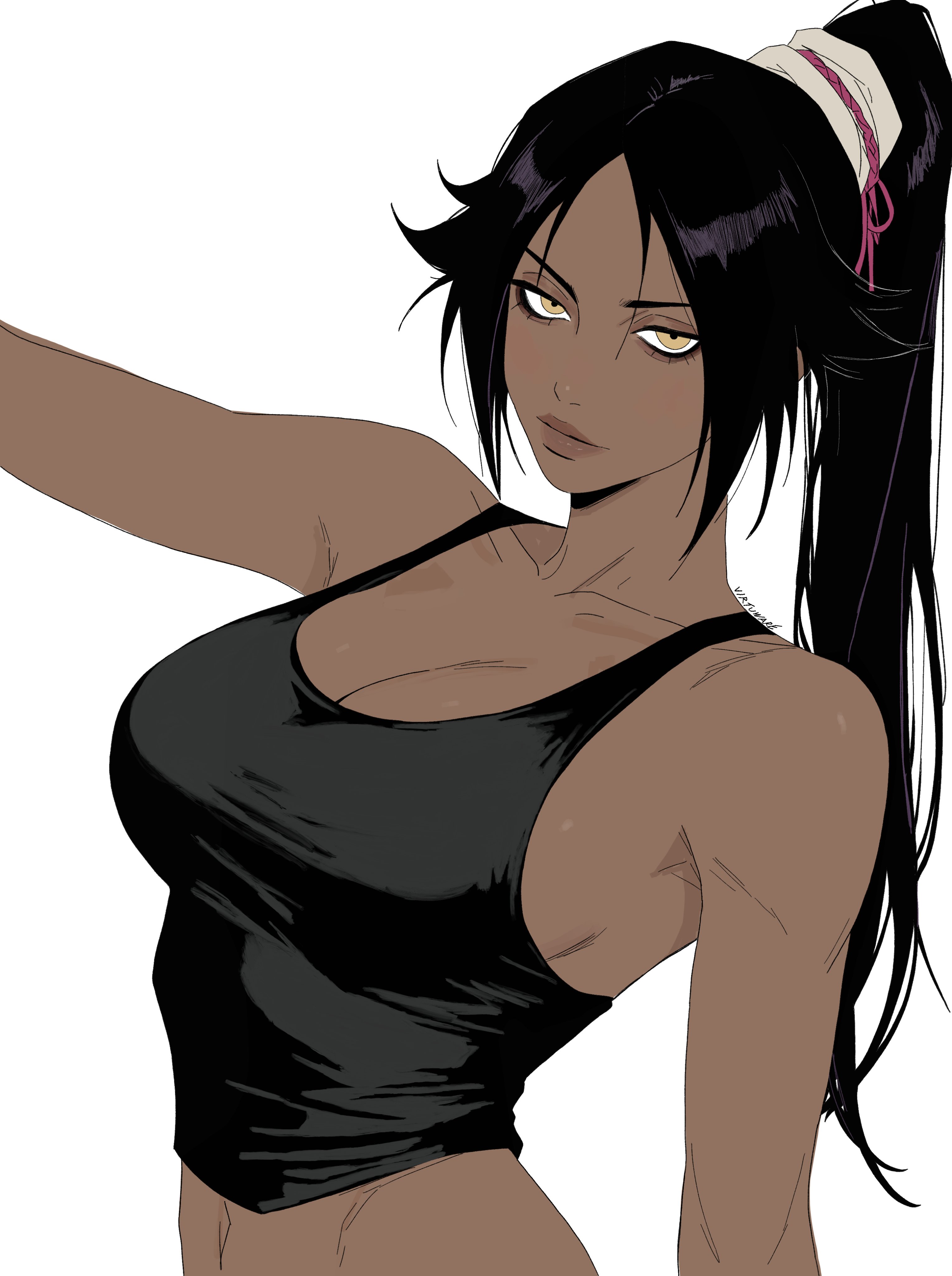 1girls, belly, belly button, big breasts, black tank top, bleach, breasts, cleavage, dark skin, dark-skinned female, female, female focus, female only, looking at viewer, midriff, ponytail, shihouin yoruichi, shounen jump, solo, solo female, solo focus, stomach, tank top, white background, yellow eyes