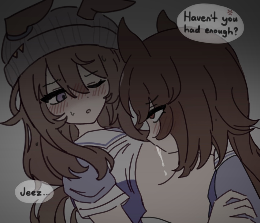 2girls, anger vein, animal ears, beanie, beanie hat, blush, brown hair, clothes, clothing, female, gray hat, grey hat, hat, horse ears, horse girl, horse tail, long hair, nakayama festa (umamusume), nipple suck, one eye closed, purple eyes, red eyes, shirt lift, sirius symboli (umamusume), small breasts, sucking nipples, tail, umamusume, umamusume pretty derby, yuri