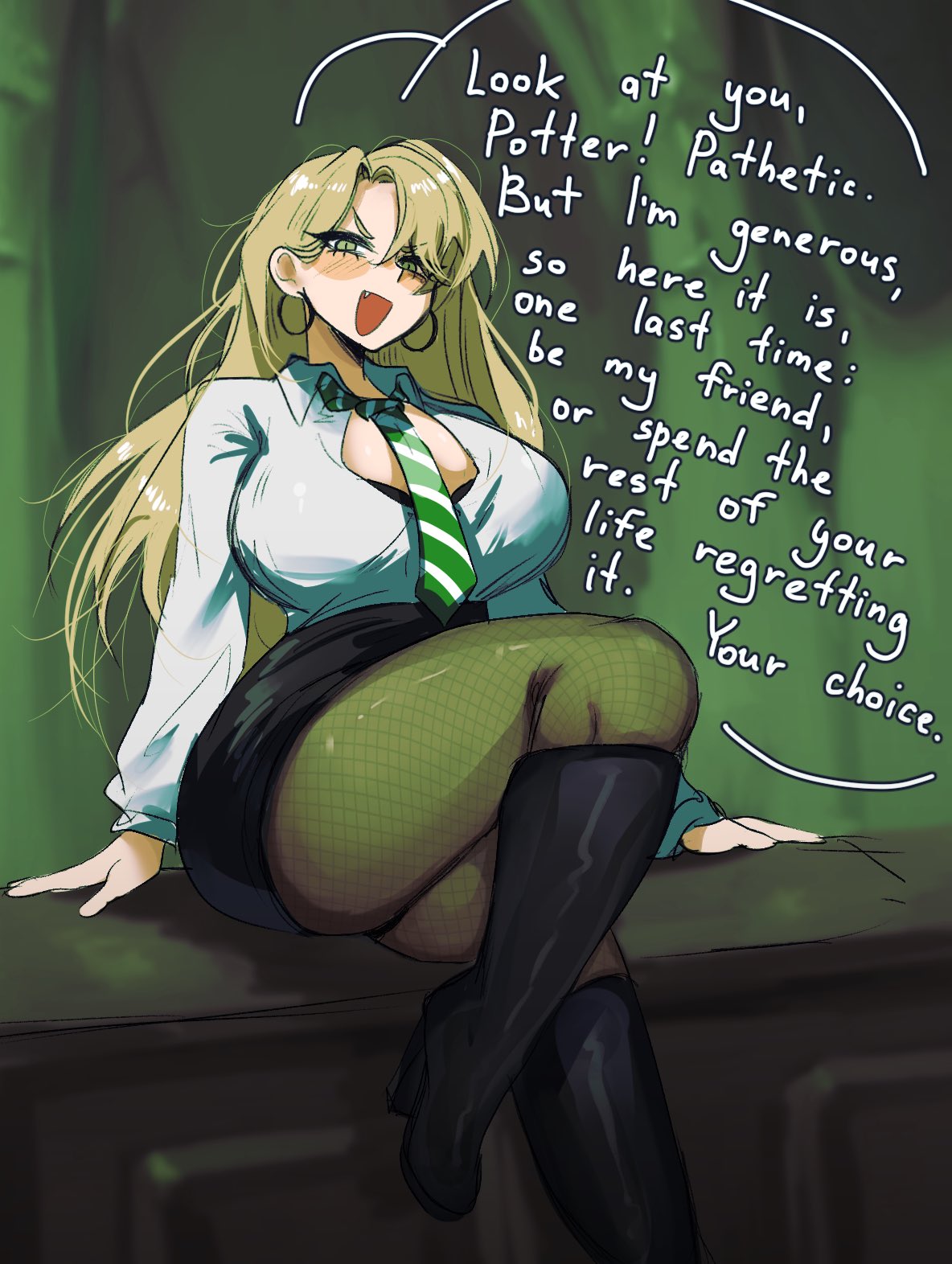 1girls, breasts, draco malfoy, draco malfoy (redteneri), female, female focus, female only, genderswap, harry potter, large breasts, light skin, light-skinned female, looking at viewer, oyxee, pantyhose, rule 63, school uniform, skirt, solo, thick thighs, thighs, wide hips