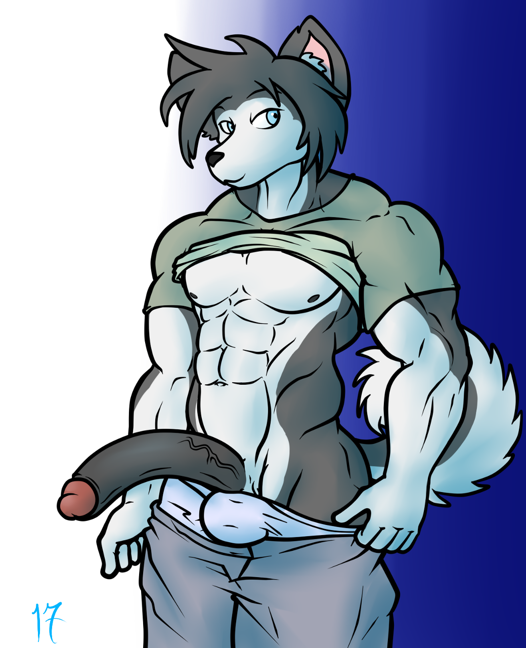 2017 abs anthro balls biceps boxers_(clothing) canine clothing husky invalid_tag long_penis male male_only mammal muscular muscular_male navel pants pecs penis smile solo stx70 underwear vein