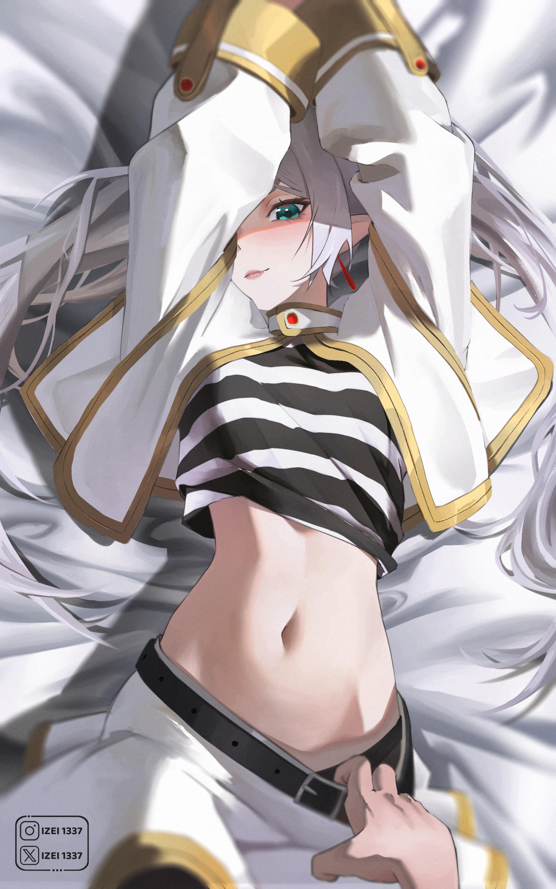 arms above head, arms up, belt, black and white stripes, earring, elf, elf ears, elf female, frieren, frieren beyond journey's end, izei1337, looking at viewer, lying on back, midriff, navel, pov, removing clothing, sousou no frieren, striped clothes, striped clothing, tummy, twintails, white hair