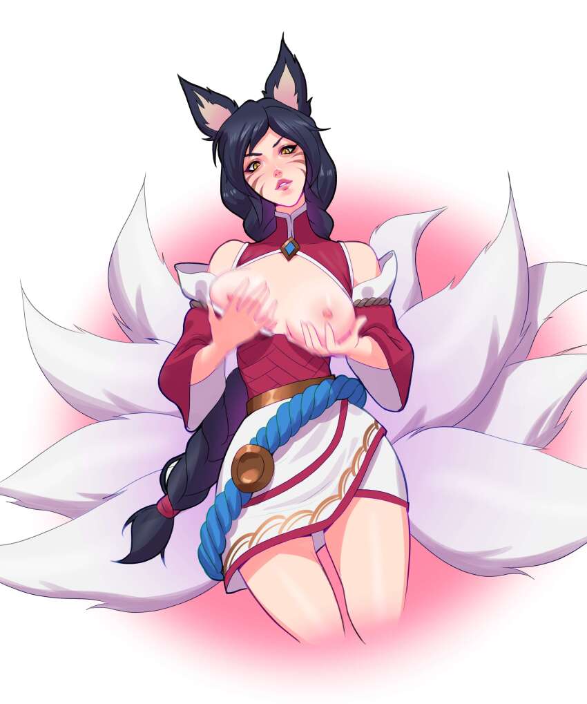 1girl, 67 (meme), absurdres, ahri, animal ears, bare shoulders, belt, black hair, breasts, commentary, cropped legs, detached sleeves, english commentary, facial mark, fox ears, fox girl, fox tail, gem, grabbing own breast, highres, large breasts, league of legends, long hair, long sleeves, meme, nipples, orange eyes, red background, slit pupils, tail, tedjiart, teeth, whisker markings, white background, wide sleeves