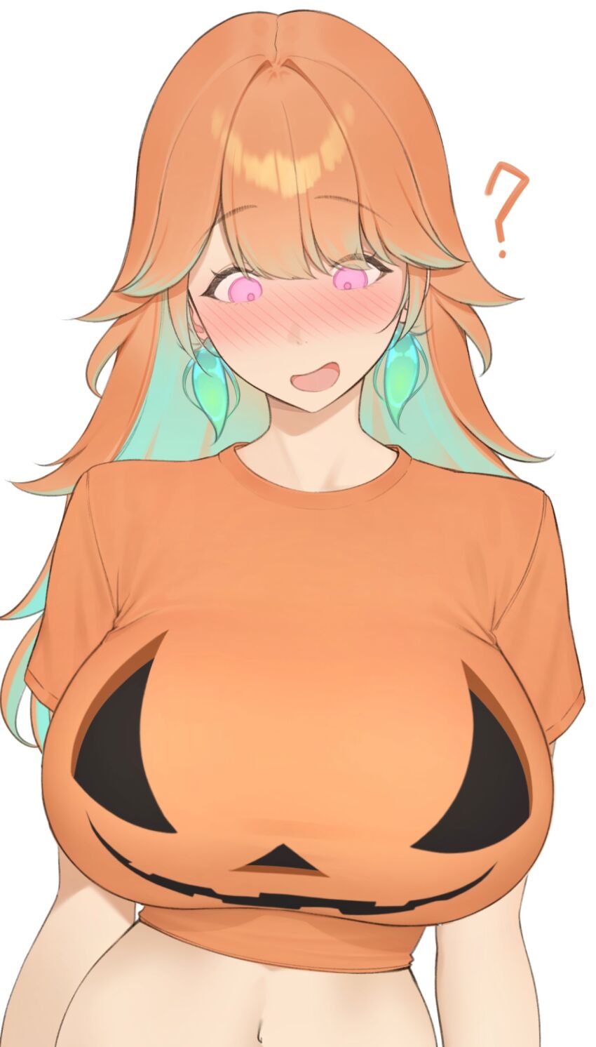 1girl, bare shoulders, blush, breasts, colored inner hair, commentary, cropped shirt, english commentary, gradient hair, green hair, hair flaps, highres, hololive, hololive english, inconvenient breasts, large breasts, long hair, multicolored hair, open mouth, orange hair, orange shirt, prab, purple eyes, shirt, simple background, solo, swept bangs, t-shirt, takanashi kiara, virtual youtuber, white background