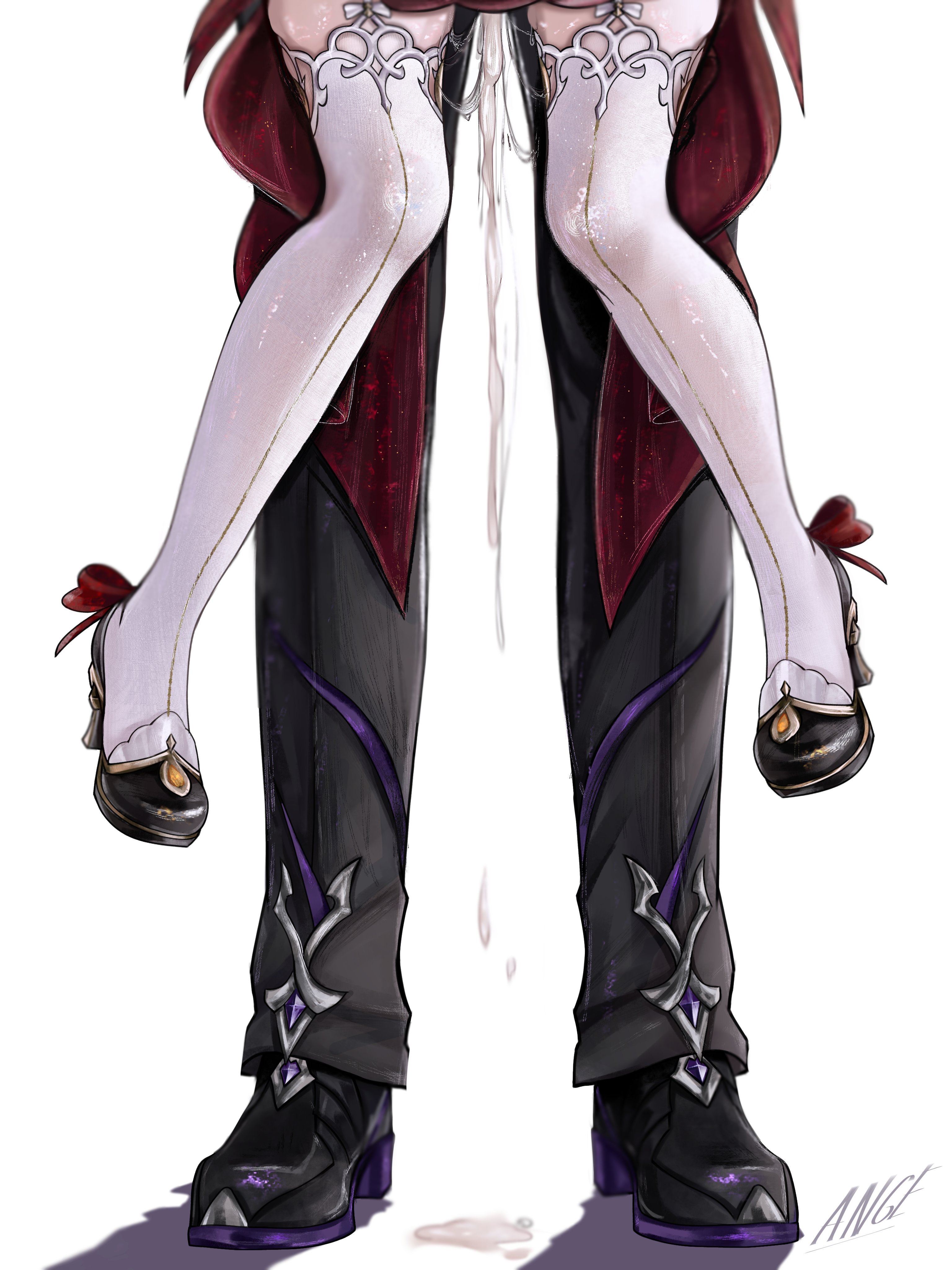 cum, cum puddle, dress, functionally nude male, genshin impact, held up, implied penetration, implied sex, male/female, pantalone (genshin impact), sandrone (genshin impact), stockings, vaginal penetration, vaginal sex