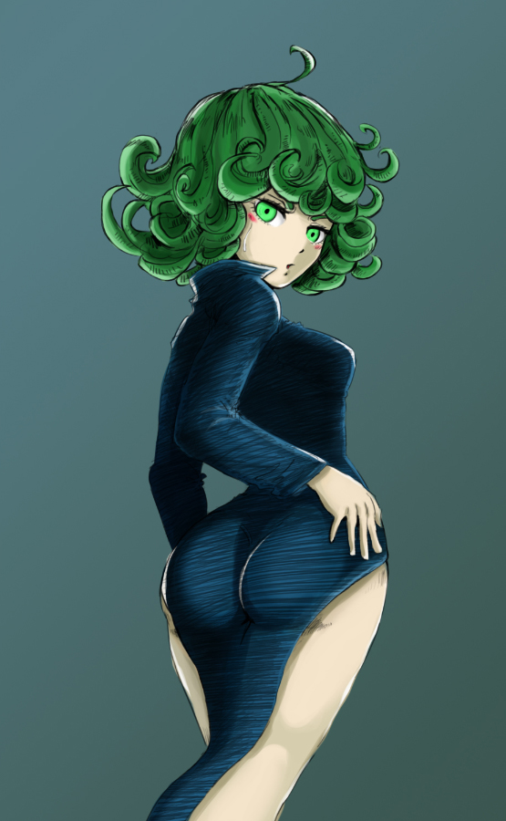 1girls, ass, breasts, clothes, color, dress, female, female only, from behind, green hair, huge ass, human, one-punch man, short green hair, solo, sweat, tatsumaki, thegoldensmurf