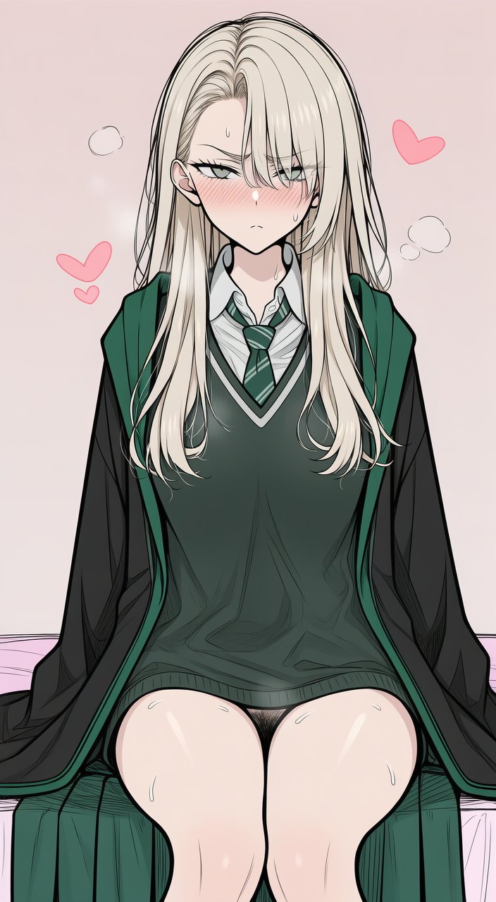 1girls, blush, bush, draco malfoy, draco malfoy (redteneri), heart, skirt, tagme