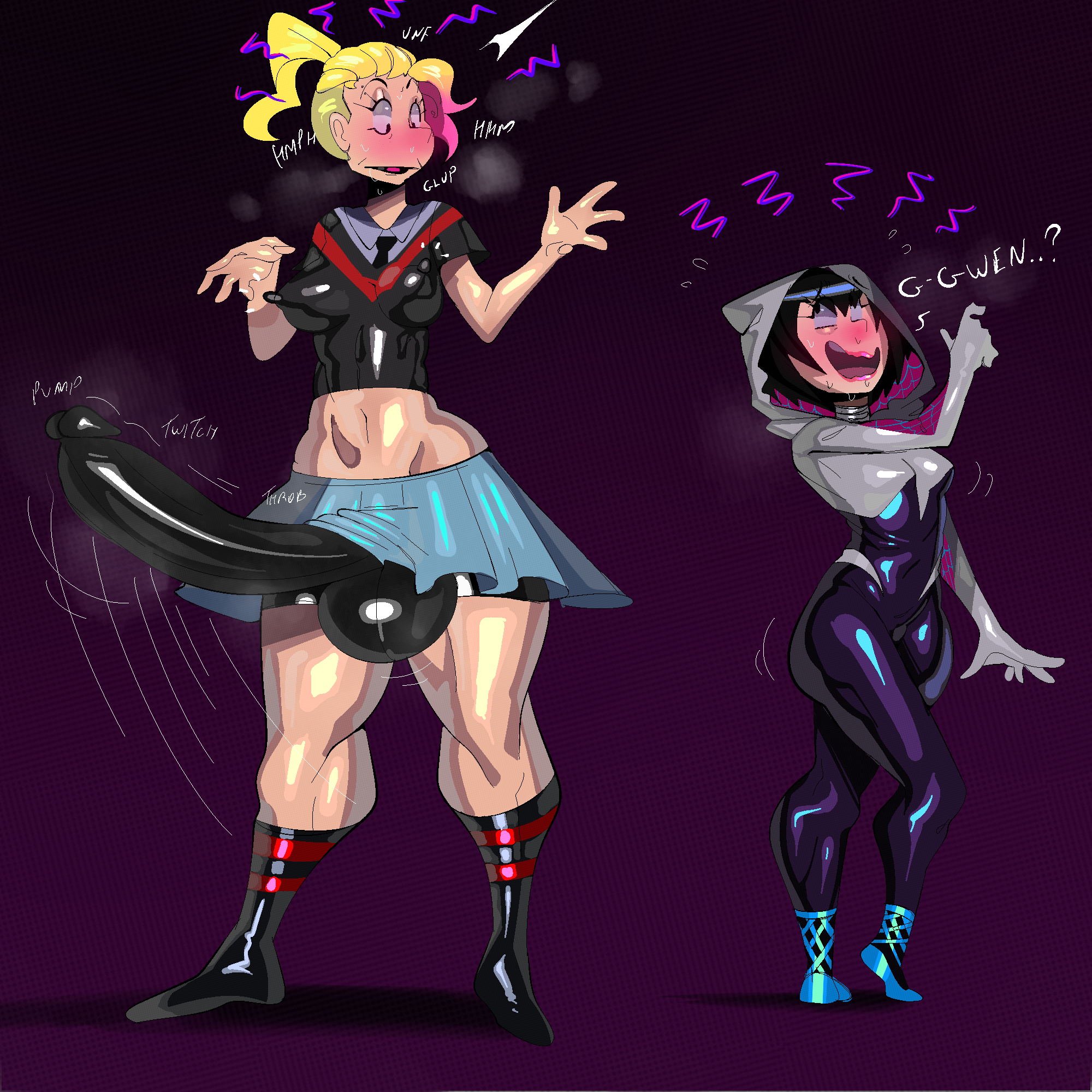 1futa, 1girls, balls, big balls, big penis, blonde hair, blush, breasts, bulge, clothed, clothed female, clothed futa, clothing, costume, dialogue, embarrassed, english text, erect penis, erection, erection under clothes, female, futa/female, futanari, gradient background, gradient hair, gwen stacy, gwen stacy (spider-verse), long hair, looking at viewer, marvel, medium breasts, open mouth, open mouth smile, peni parker, penis, ponytail, short hair, size difference, small breasts, smile, spider-gwen, spider-man (series), spider-man: into the spider-verse, superhero costume, superheroine, surprised, sweat, tayuri, text