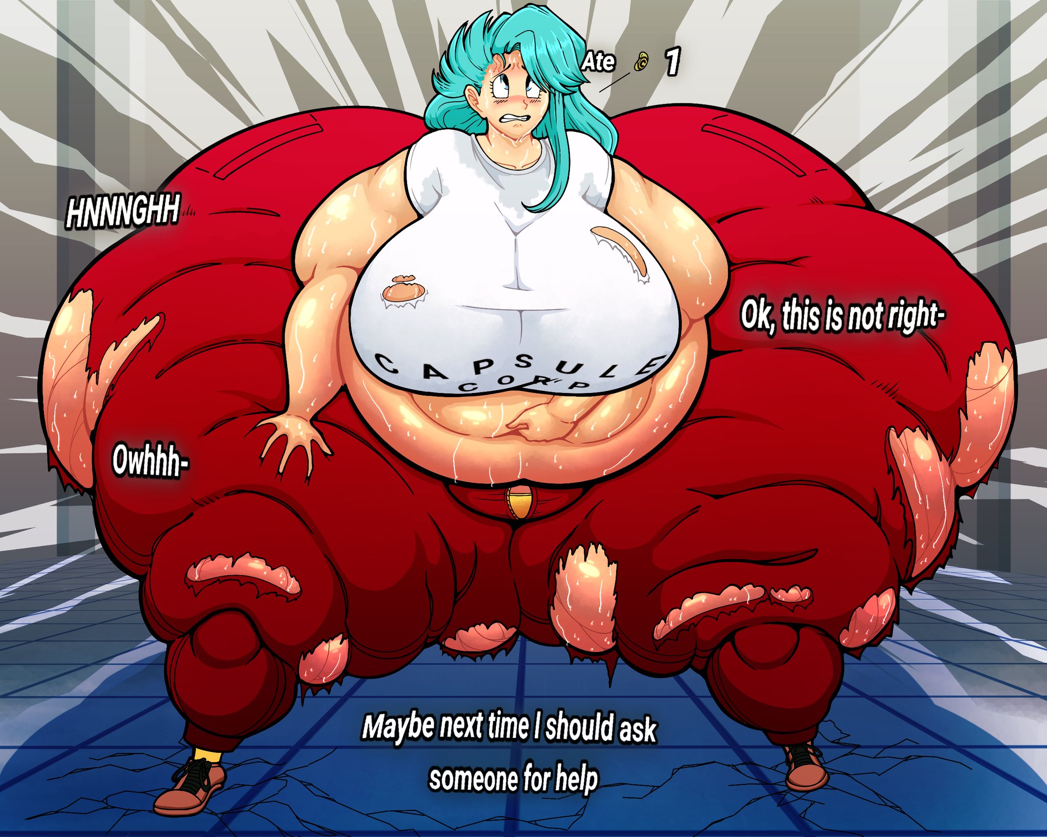 ass bigger than torso, ass expansion, blue hair, bulma briefs, bulma briefs (post saiyan saga), cgkey1, dialogue, dragon ball, dragon ball z, fat, fat ass, fat belly, fat butt, fat female, fat legs, huge ass, huge breasts, hyper, hyper ass, hyper belly, hyper butt, leg rolls, massive ass, obese female, overweight, senzu bean, sweaty, sweaty body, torn clothes, torn pants, weight gain