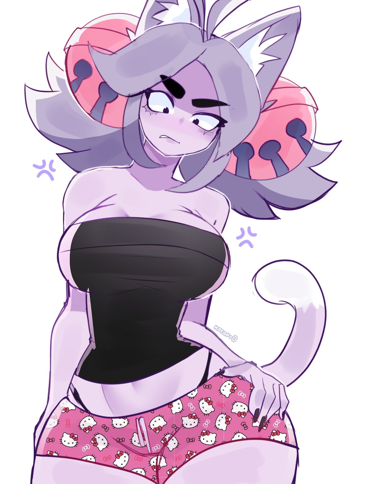 1girls, big breasts, black nails, breasts, cat ears, cat tail, catgirl, cleavage, deltarune, deltarune chapter 5, hand on hip, irritable ghost (deltarune), kotopr0, mad mew mew, midriff, nail polish, panties, panty straps, pink (deltarune), pink skin, purple hair, shorts, slim waist, tagme, thick eyebrows, trans woman, transgender, wide hips