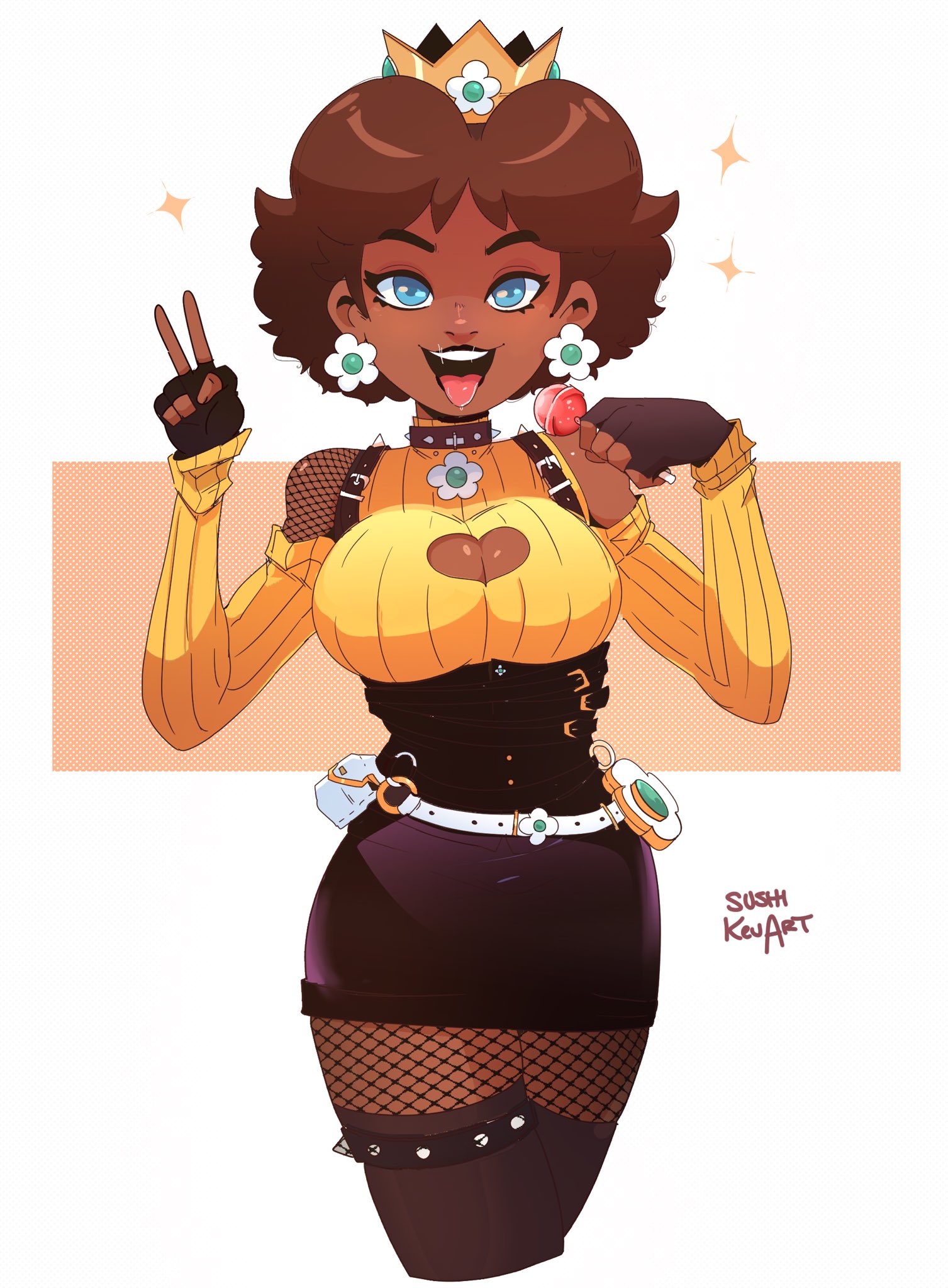 1girls, alternate costume, artist name, artist request, belt, big breasts, blue eyes, breasts, choker, cleavage, cleavage cutout, clothing cutout, collar, crown, dark skin, dark-skinned female, detached sleeves, earrings, fingerless gloves, fishnet pantyhose, fishnets, flower earrings, gloves, goth, goth fashion, goth girl, gothic, gothic punk, high-waist belt, highres, holding lollipop, jewelry, large breasts, lollipop, long sleeves, mario (series), miniskirt, nintendo, o-ring, o-ring belt, pantyhose, princess daisy, short hair, signature, skirt, solo, spiked collar, spiked thighlet, spikes, stockings, sweater, thighhighs, tongue, tongue out, v, waist belt, yellow sweater
