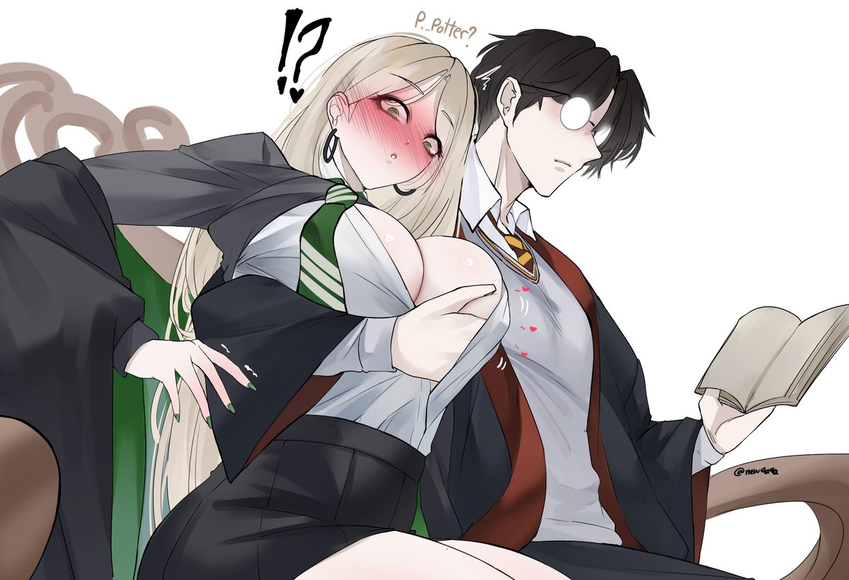 1boy, 1girls, breast grab, breasts, draco malfoy, draco malfoy (redteneri), female, female focus, genderswap, harry james potter, harry potter, large breasts, light skin, light-skinned female, looking at viewer, new4a4a, panties, rule 63, school uniform, skirt, thick thighs, thighs, wide hips