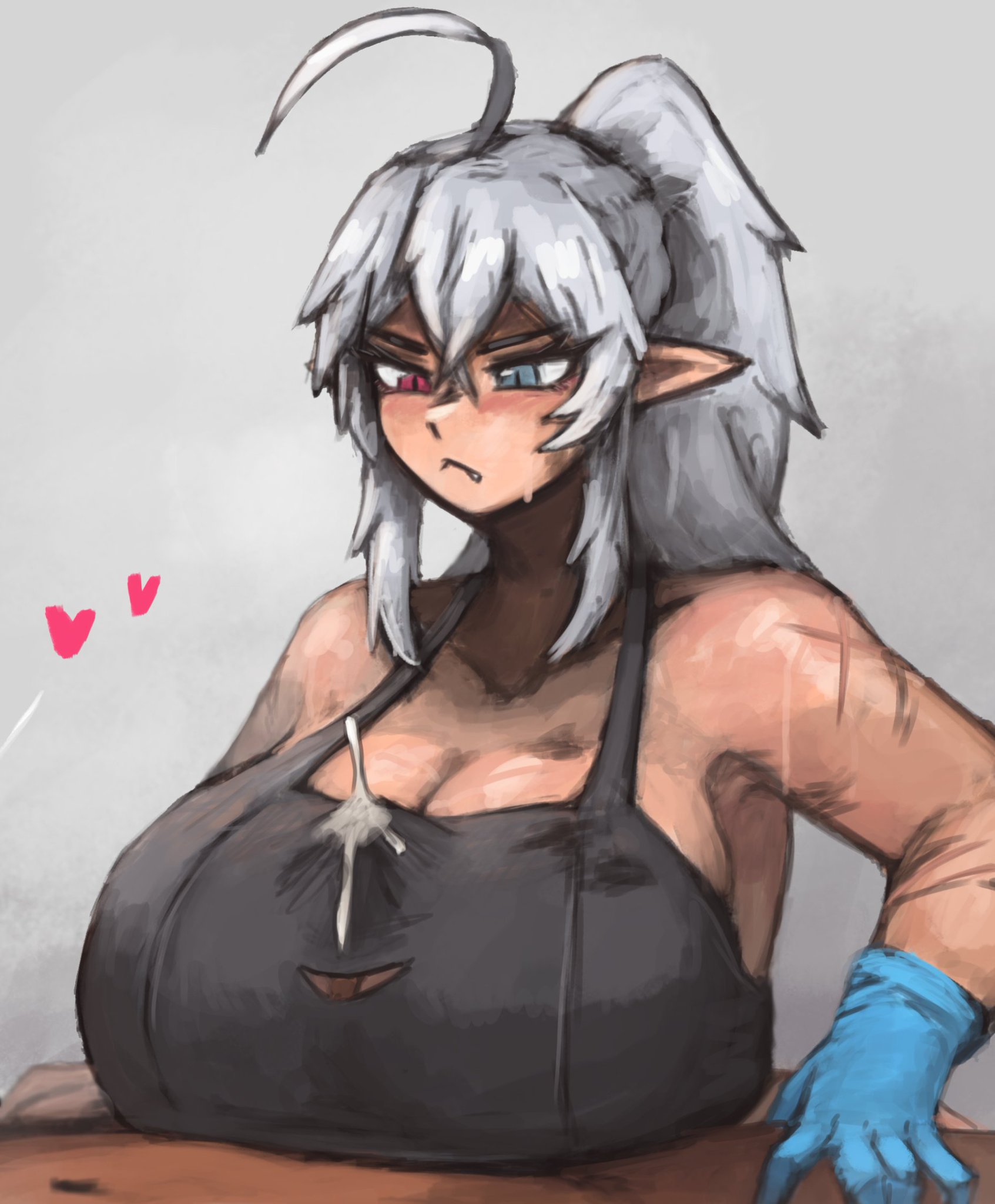 ahoge, big breasts, big tits, blue eye, blue eyes, blue gloves, boobjob, bra, breasts, cleavage, cum, cum on body, cum on breasts, cum through clothes, cum through clothing, cum through underwear, cumshot, dark-skinned male, fang, frostwallart, furrowed eyebrows, geega, glove, gloves, grey bra, grey hair, hair between eyes, hands-free, hands-free paizuri, heterochromia, huge breasts, indie virtual youtuber, large breasts, long hair, looking at penis, paizuri, paizuri under clothes, penis poke, penis poking out, pointy ears, ponytail, red eye, red eyes, scar, single glove, titjob, underwear, virtual youtuber, vtuber