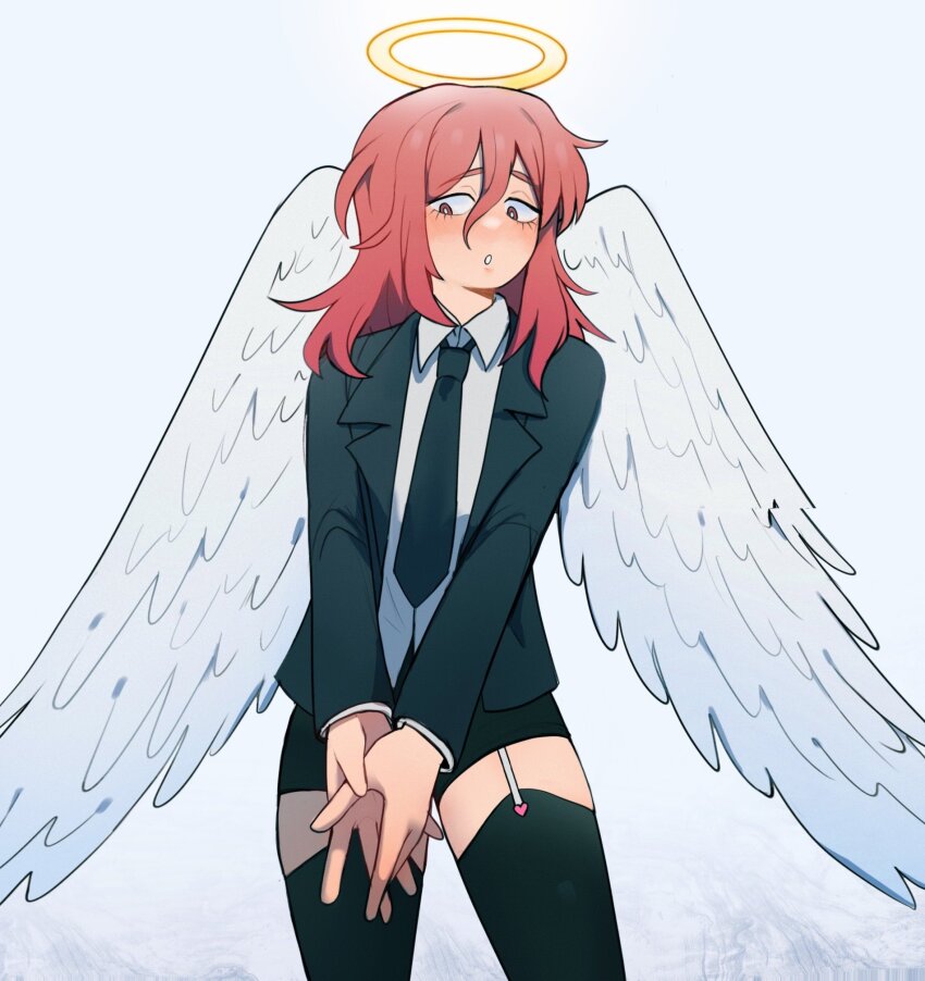 1boy, androgynous, angel, angel devil (chainsaw man), angel wings, black jacket, black necktie, black shorts, black thighhighs, blush, bright pupils, chainsaw man, collared shirt, commentary, cowboy shot, double-parted bangs, english commentary, feathered wings, from below, garter straps, grey background, hair between eyes, hair over shoulder, halo, heart, highres, jacket, lapels, layered sleeves, looking at viewer, looking down, lower eyelashes only, male focus, necktie, nose blush, notched lapels, open clothes, open jacket, own hands together, parted lips, red eyes, red hair, shirt, short shorts, shorts, sidelocks, simple background, solo, standing, thighhighs, turning head, white pupils, white shirt, white wings, wings, yellow halo