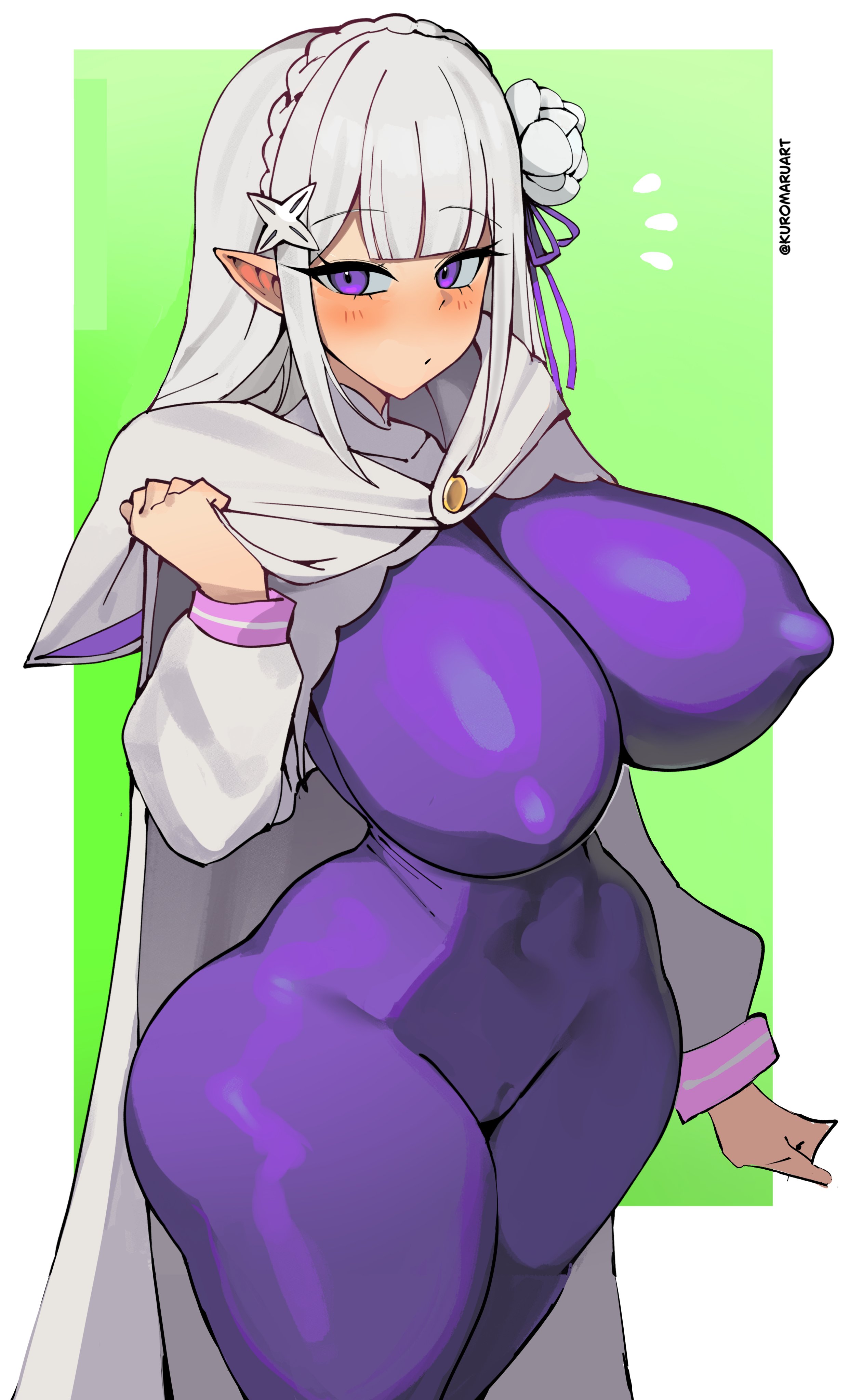 1girls, blush, bubble butt, clock, curvy figure, emilia (re:zero), female focus, female only, hair ornament, huge ass, huge breasts, kuromaruart, long hair, perky nipples, pointy ears, pussy lips, re:zero kara hajimeru isekai seikatsu, skin tight, skinsuit, solo, solo female, solo focus, thick thighs, tight clothing, toned, toned female, toned stomach, visible nipples, visible pussy, white hair, wide hips