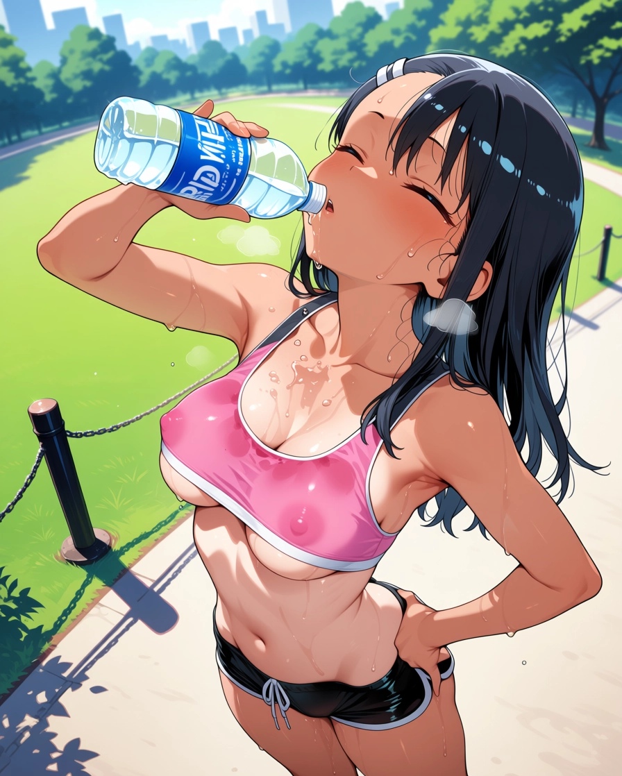 1female, 1girl, ai generated, bottle, breasts, breasts visible through clothing, dark hair, dolphin shorts, drinking, eyes closed, female focus, female only, hayase nagatoro, long hair, medium breasts, micro shorts, nagatoro hayase, nipples, please don't bully me, nagatoro, see-through, see-through clothes, see-through clothing, see-through top, sexy, sexy body, sexy female, shorts, spilling, sports bra, sports shorts, sports uniform, sportswear, water bottle