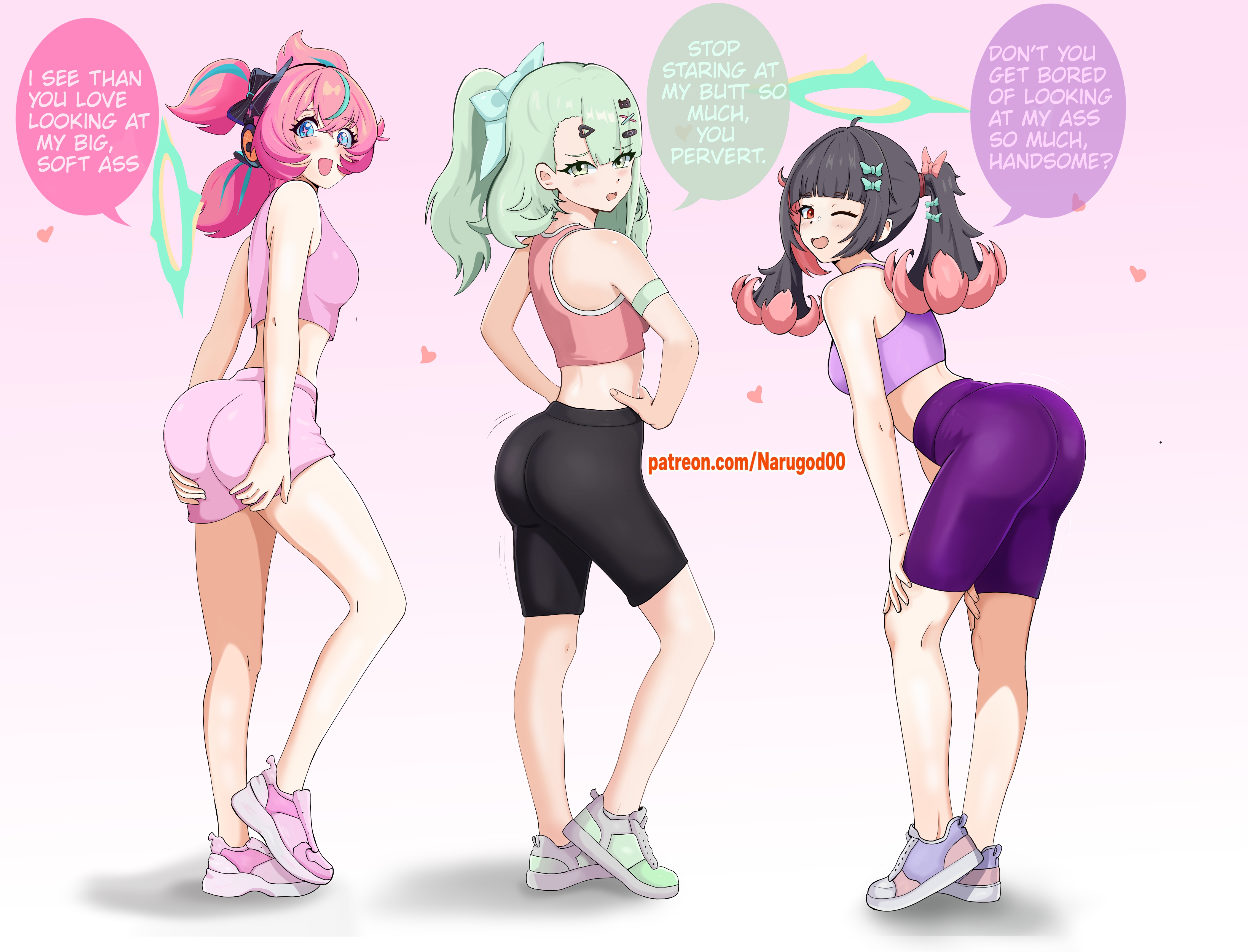 3girls, angels of delusion, aria (zenless zone zero), aria (zenless zone zero) (human form), ass, ass focus, bent over, big ass, big butt, bike shorts, blush, crop top, from behind, heart, highres, light skin, light-skinned female, lolita channel, looking back, male pov, nangong yu (zenless zone zero), narugod00, ponytail, sexy, sexy female, sexy pose, shorts, smile, sneakers, speech bubble, sportswear, staring at ass, sunna (zenless zone zero), talking to viewer, thick thighs, twintails, wide hips, zenless zone zero