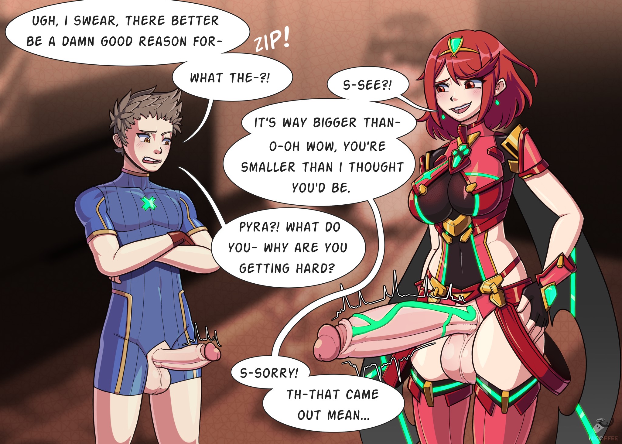 1boy, 1futa, 1girl, full-package futa, futa is bigger, futa on male, futanari, nicoffee, nintendo, partially clothed, pyra, rex (xenoblade), size comparison, skintight bodysuit, tagme, xenoblade (series), xenoblade chronicles (series), xenoblade chronicles 2