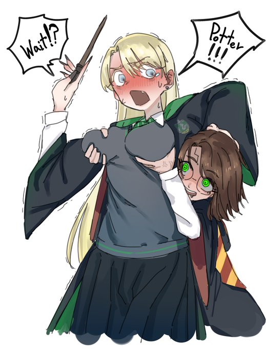 2girls, draco malfoy, draco malfoy (redteneri), harry james potter, harry potter, playing with breasts, tagme, wand, yuri