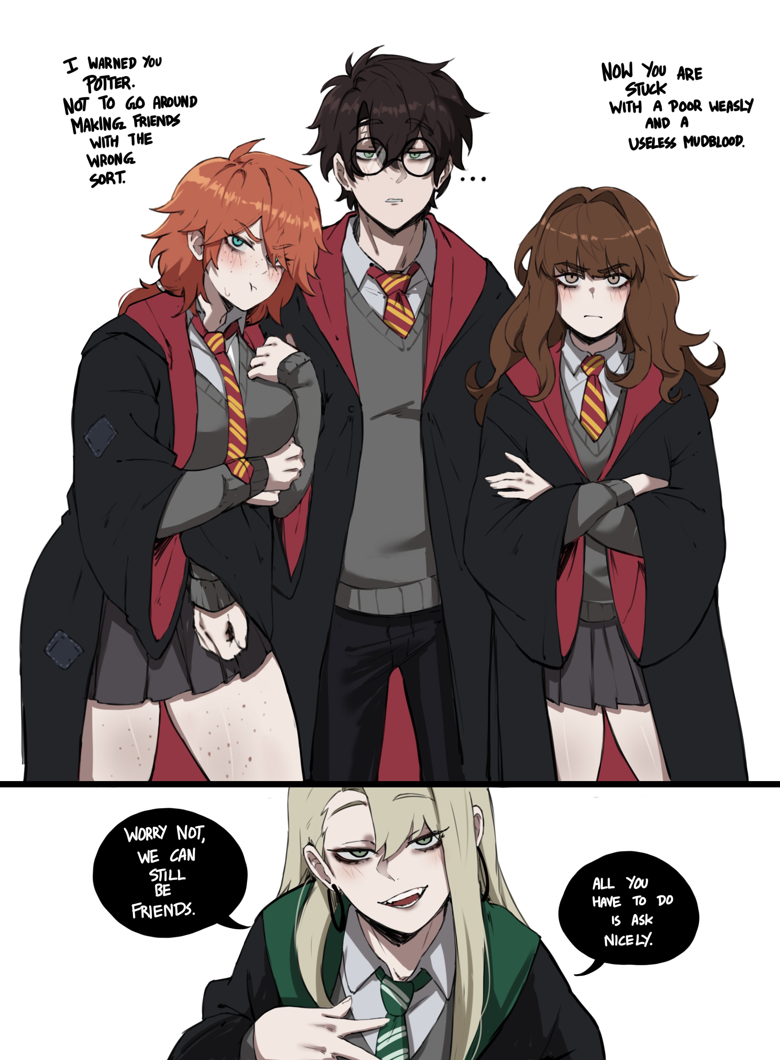 1boy, 3girls, breasts, draco malfoy, draco malfoy (redteneri), female, female focus, genderswap, harry james potter, harry potter, hermione granger, large breasts, light skin, light-skinned female, looking at viewer, masoq095, panties, ron weasley, rule 63, school uniform, skirt, thick thighs, thighs, wide hips