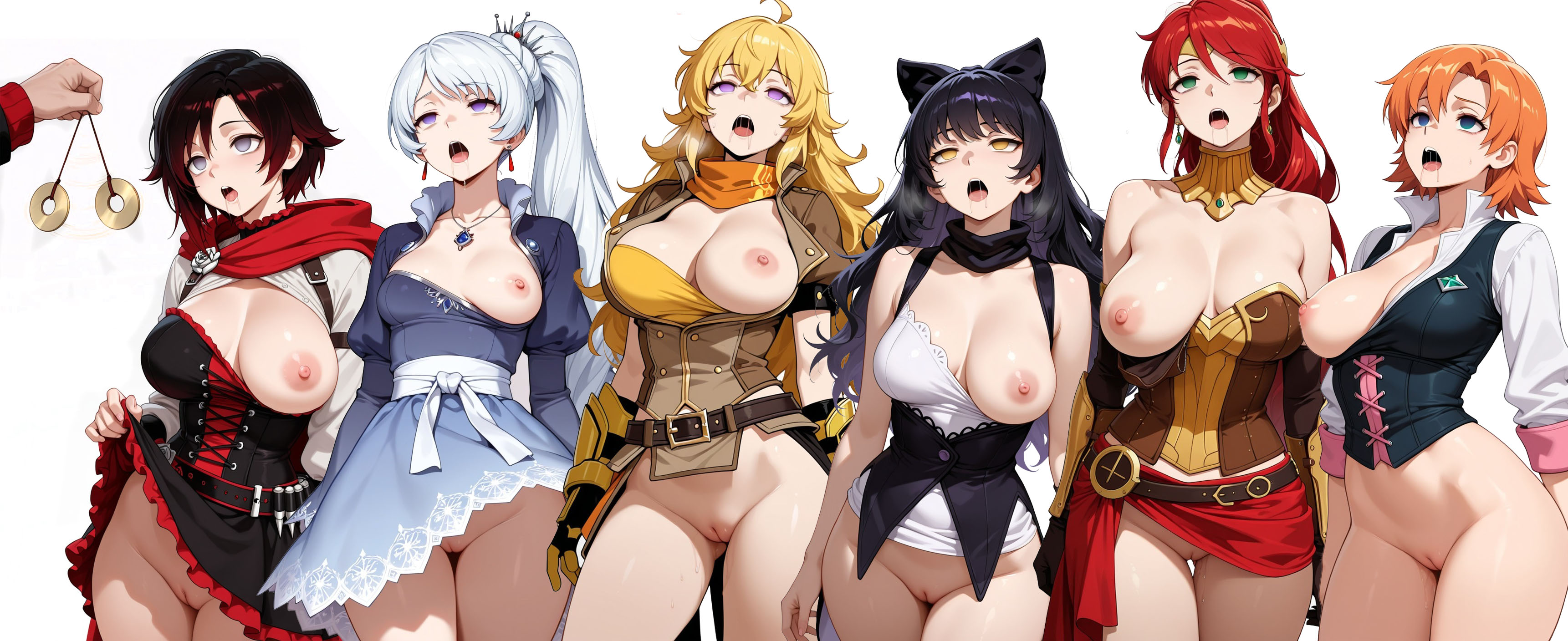 6girls, ahe gao, ahegao face, ai assisted, ai generated, blake belladonna, brainwashed, brainwashing, controlled, defeated, defeated heroine, doll girl, dollification, fembot, harem, hypnosis, hypnotic eyes, hypnotized, hypnotized female, mannequin, mind break, mind control, multiple girls, no panties, nora valkyrie, one breast out, pyrrha nikos, remote control, robot girl, ruby rose, rwby, saliva, shame, unconscious, weiss schnee, yang xiao long