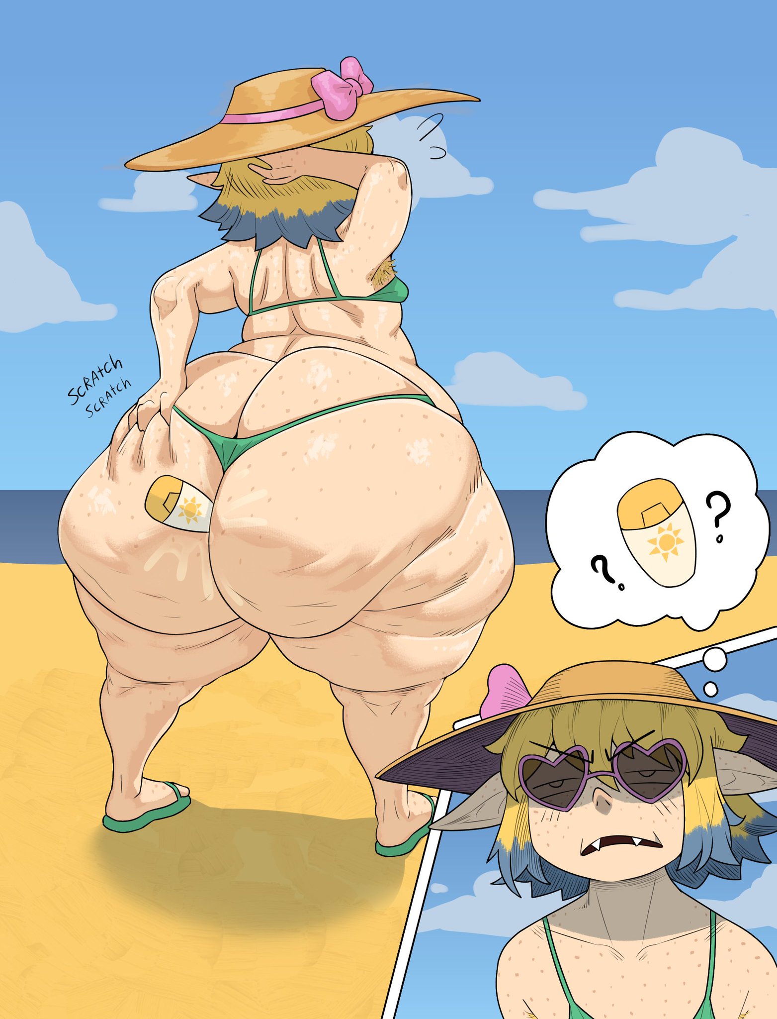 1girls, ass, bbw, beach, belly, big ass, bottom heavy, butt, dumptruck ass, elf ears, fangs, fat ass, fat female, freckles, freckles on ass, huge butt, kryadrawgin, lalafell, large ass, light-skinned female, multicolored hair, object in ass, oc, outdoors, scratching butt, short hair, shortstack, sun hat, thick thighs, thighs, thunder thighs