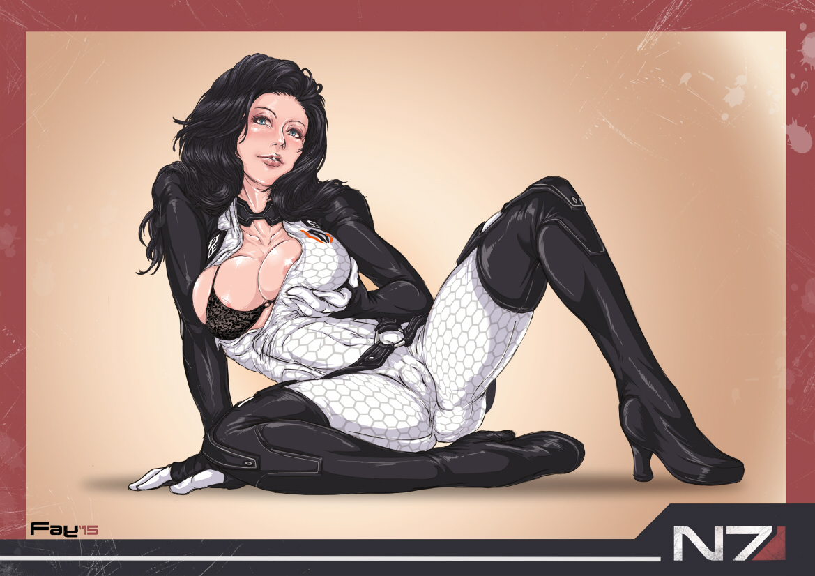 1girls, areola slip, big breasts, black hair, blue eyes, bodysuit, boots, bra, breast grab, breasts, cameltoe, cleavage, faymantra, female, female only, heel boots, large breasts, long hair, mass effect, mass effect 2, miranda lawson, open bodysuit, open clothing, pussy, solo, thigh boots
