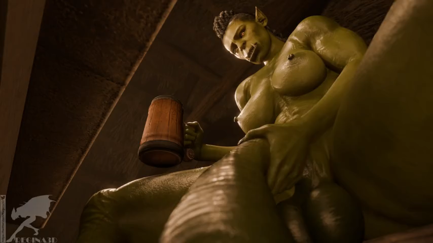 1futa 3d 3d_animation big_penis black_hair braided_hair futa_focus futa_only futanari futanari_focus green_skin holding_mug holding_object holding_penis indoors looking_down orc orc_futanari regina3d screenshot solo solo_futa taker_pov tusks yellow_eyes