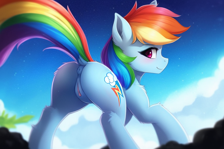 ai_generated anus ass blue_body blue_fur cutie_mark equid equine female feral friendship_is_magic hasbro horse mare my_little_pony pegasus pink_eyes pony pussy rainbow_dash_(mlp) rainbow_hair solo tail