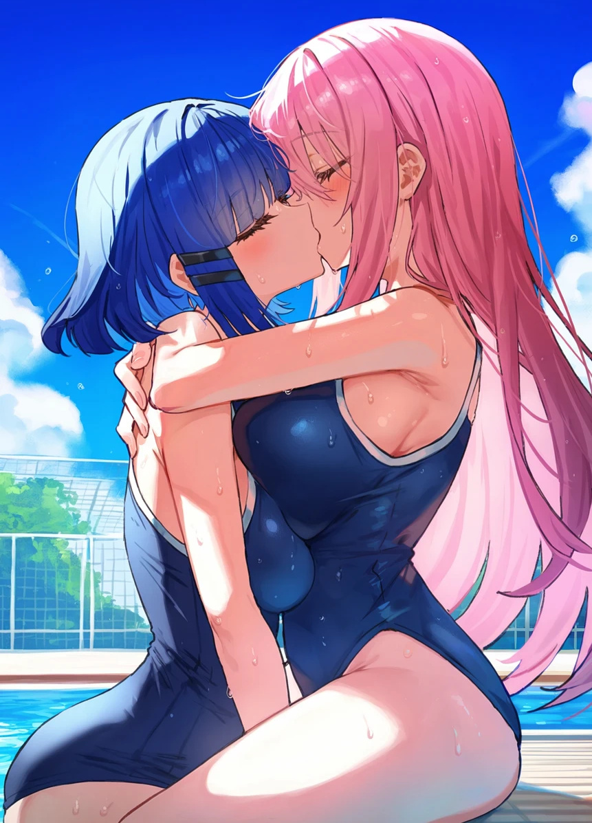 ai_generated bare_thighs big_breasts blue_hair bocchi_the_rock! breasts_squeezed_together closed_eyes fluxionis gigantic_breasts gotou_hitori huge_breasts huge_thighs kissing lesbian_kiss light-skinned_female light_skin long_hair massive_breasts one-piece_swimsuit pink_hair short_hair squatting sweat sweatdrop thick_body thick_female thick_thighs thighs voluptuous voluptuous_female yamada_ryou yuri