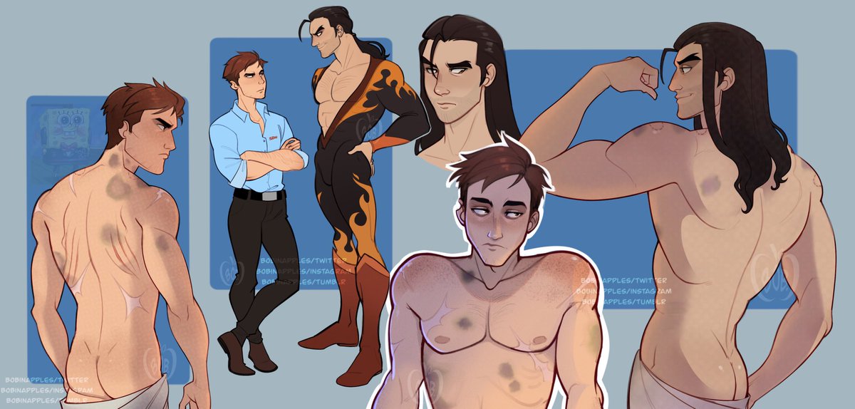 2boys, bobinapples, brown hair, dispatch (game), flambae, gay, height difference, long hair, male, male only, nude, nude male, robert robertson, short hair, tied hair, yaoi
