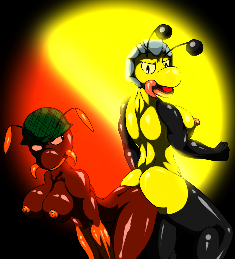 angry ant antennae anthro arthropod ass ass_to_ass bee breasts brown_skin duo female headgear helmet insect nipples saesar shiny squeezing yellow_skin