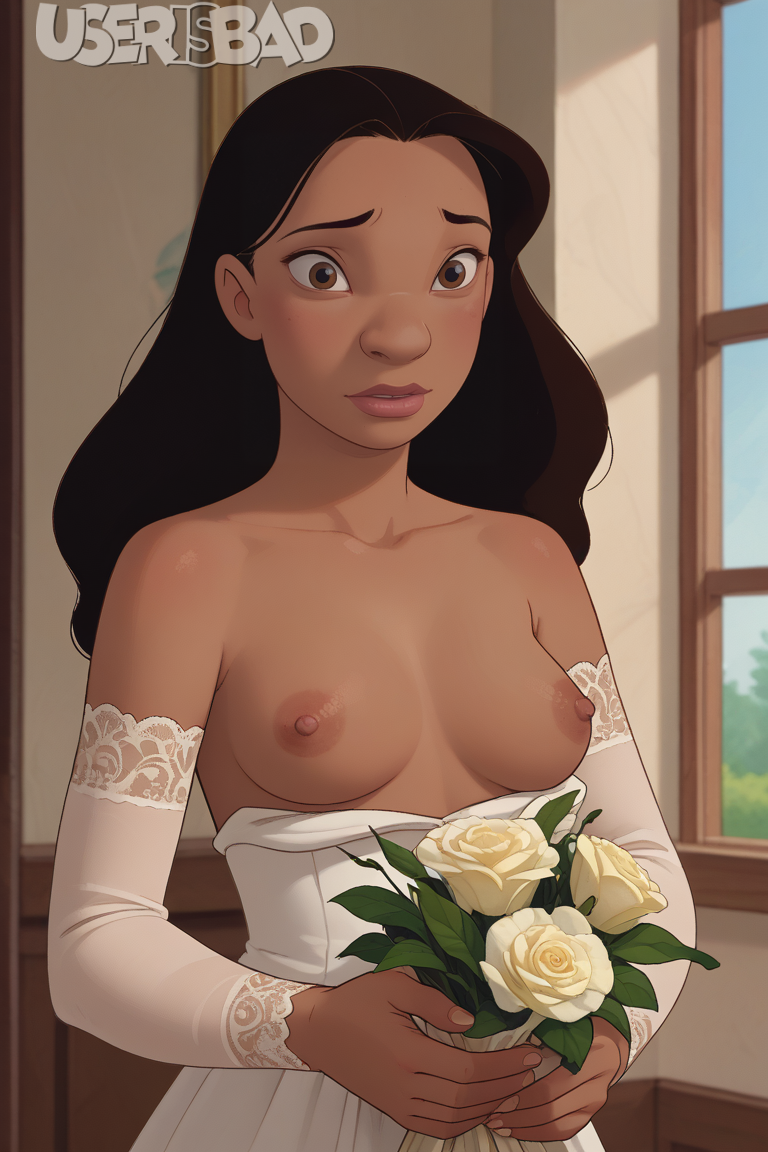 1girls ai_generated bouquet dark dark-skinned_female exposed_breasts lilo_and_stitch nani_pelekai nipples portrait tagme userisbad wedding_dress