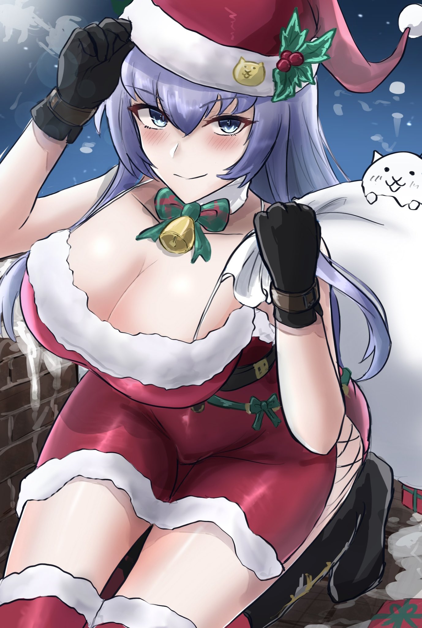 1girls bag barely_contained bell blue_eyes blue_hair breasts cat_(battle_cats) chimney christmas cleavage collar color digital_media_(artwork) galaxy_gals headmistress_jeanne kneeling large_breasts light_skin long_hair mature_female nyanko_daisensou pussy_outline rooftop santa_costume santa_hat sed_(d4vcmk) snow teacher the_battle_cats thick_thighs thighs tight_clothing