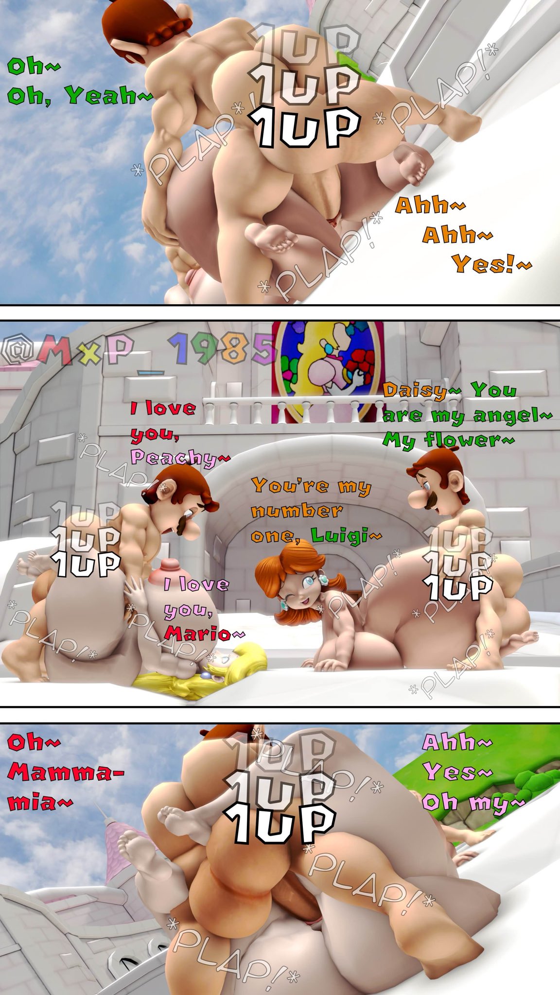 1up 2boys 2girls 3d all_fours ass ass_grab balls ballsack big_ass big_balls big_breasts blonde_hair brown_hair castle dialogue doggy_style enormous_ass enormous_balls enormous_breasts facial_hair fat_ass female genitals gigantic_ass gigantic_balls gigantic_breasts huge_ass huge_balls huge_breasts large_ass large_balls large_breasts legs_up light-skinned_female light-skinned_male light_skin luigi lying_on_back male male/female mario mario_(series) massive_ass massive_balls massive_breasts moustache muscular muscular_male mxp1985 nintendo nipples nude nude_female nude_male orange_hair outdoors outdoors_sex penis penis_in_pussy princess princess_daisy princess_peach royalty sex straight straight_sex testicles text thick_thighs thunder_thighs