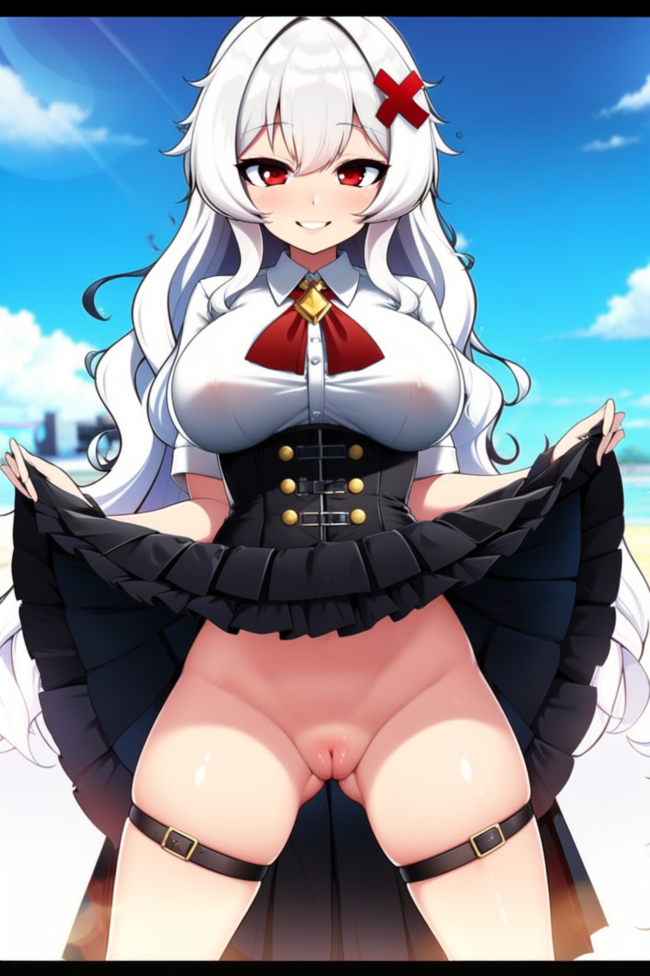 1girls ahoge ai_generated alufliniy busty erispheria exposed_pussy female female_focus female_only hair_ornament huge_ass pussy red_eyes revealing_clothes revealing_pussy skirt_up smile smiling smiling_at_viewer thick_legs twitch twitter vtuber white_hair wide_hips youtube