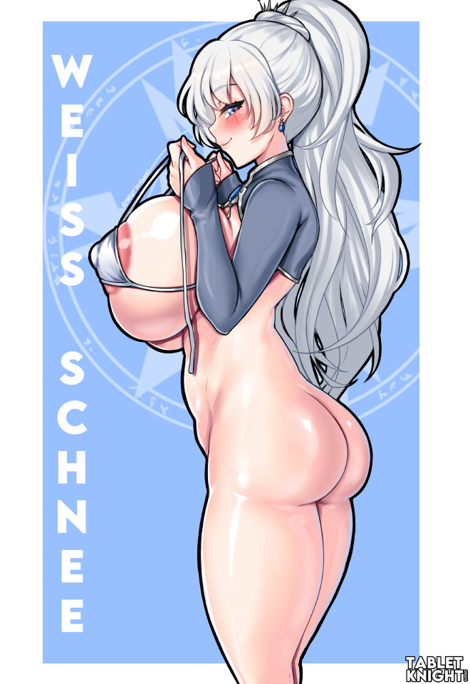 1girls alternate_breast_size blue_clothing rwby tabletknight topless weiss_schnee