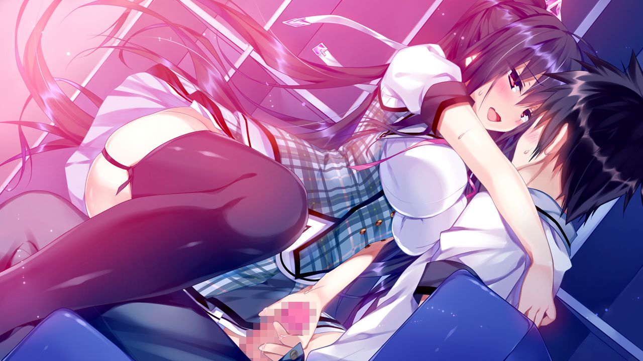 black_hair blush breast_press breasts censored female game_cg garter_straps handjob highres kamura_masaki kino_(kino_konomi) kino_konomi konomi_(kino_konomi) large_breasts legs long_hair mosaic_censoring open_mouth penis ponytail purple_hair red_eyes school_uniform shirogane_x_spirits short_hair sitting sitting_on_person skirt thighhighs thighs tied_hair