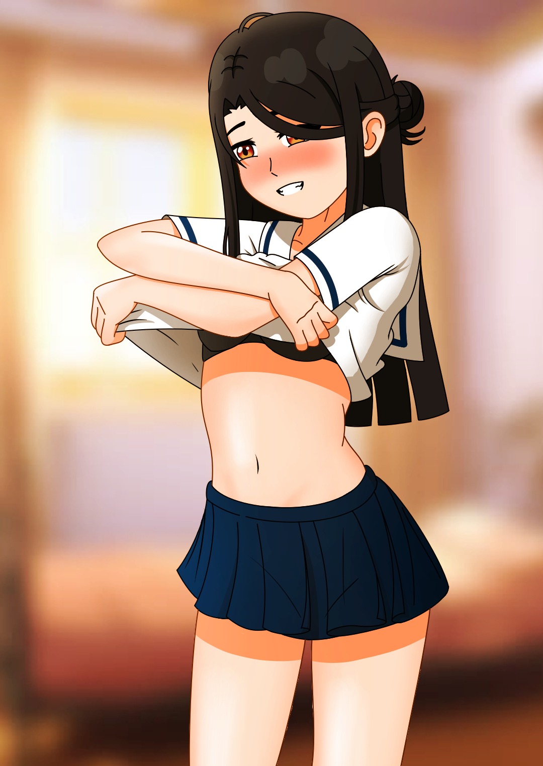 1girls black_hair blush brown_eyes half_naked long_hair looking_at_viewer mutia_badhrika smirk smirking teenage_girl teenager uniform