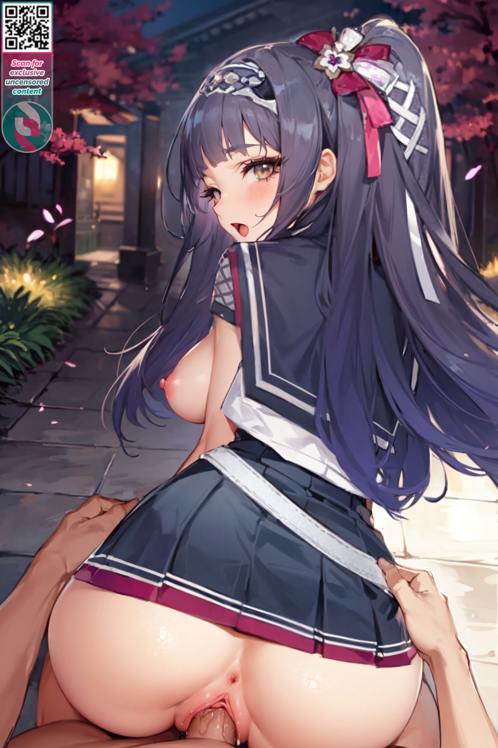 1boy 1girls ai_assisted ai_generated bottomless bottomless_skirt clothed clothing crextcomic female first_porn_of_character hair hair_ornament light-skinned_female light_skin long_hair looking_at_viewer maeve_kagekiri neckwear open_mouth oracle_(v&u) purple_hair skirt uncensored virtual_and_universe_(v&u) virtual_youtuber vtuber white_clothing white_gloves white_handwear