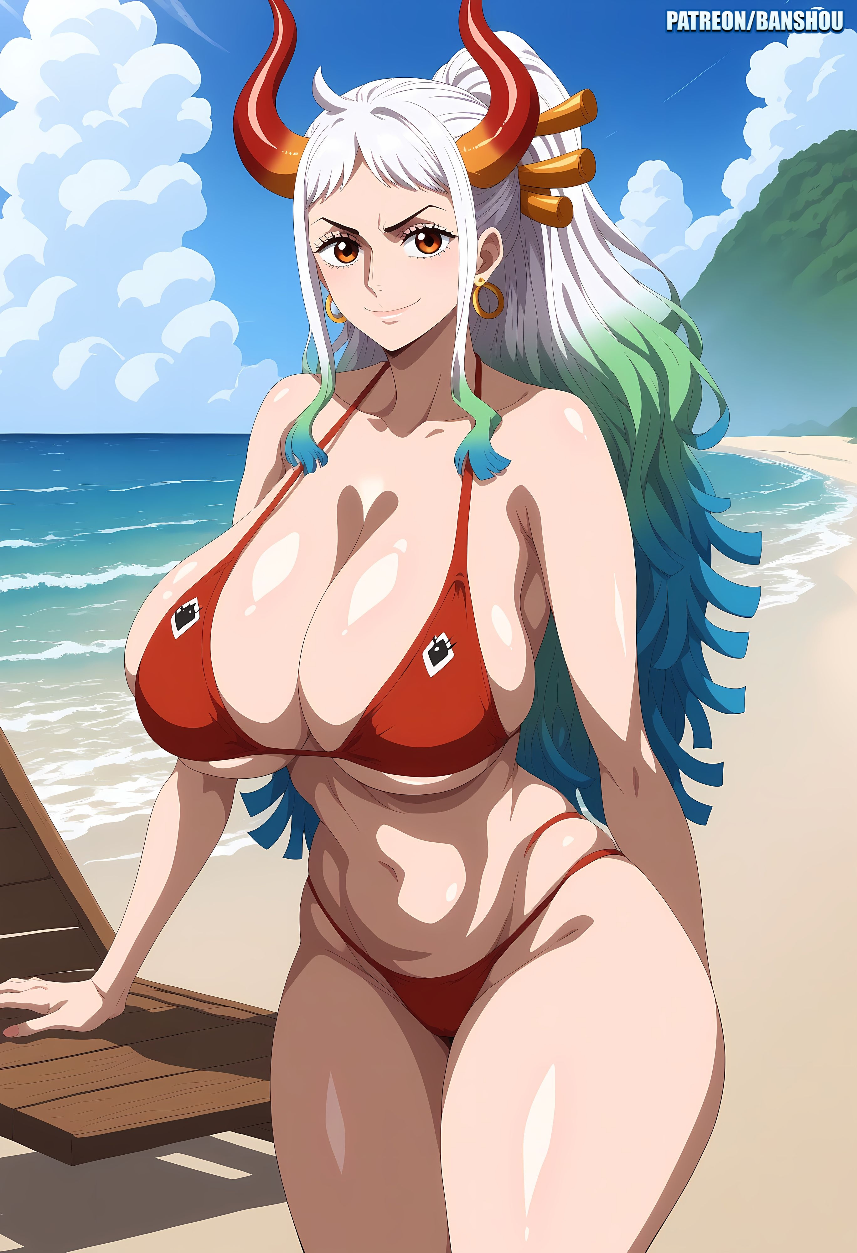 1girls, ai generated, banshou, bikini, female, female only, one piece, two-tone hair, white hair, white-haired female, yamato (one piece)