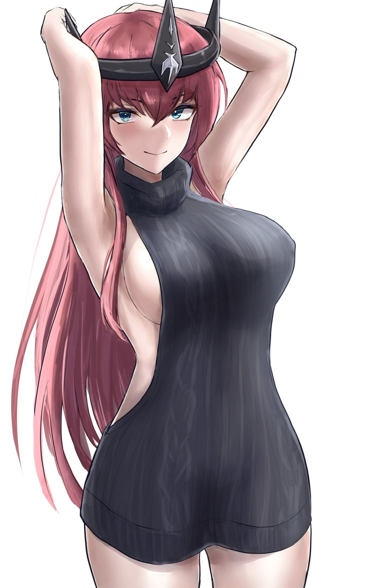 1girls armpits arms_up blush breasts color digital_media_(artwork) galaxy_gals green_eyes headmistress_jeanne large_breasts light_skin long_hair mature_female nipple_bulge nyanko_daisensou red_hair sed_(d4vcmk) sideboob smile sweater_only teacher the_battle_cats thick_thighs thighs tiara tight_clothing virgin_killer_sweater