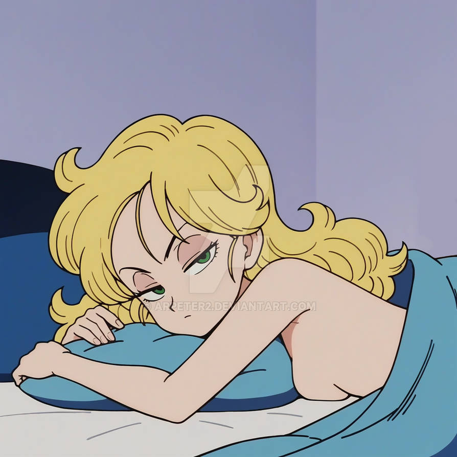 arpeter2 bad_launch blonde_hair blue_eyes dragon_ball female implied_nudity in_bed launch sideboob sleepy solo watermark