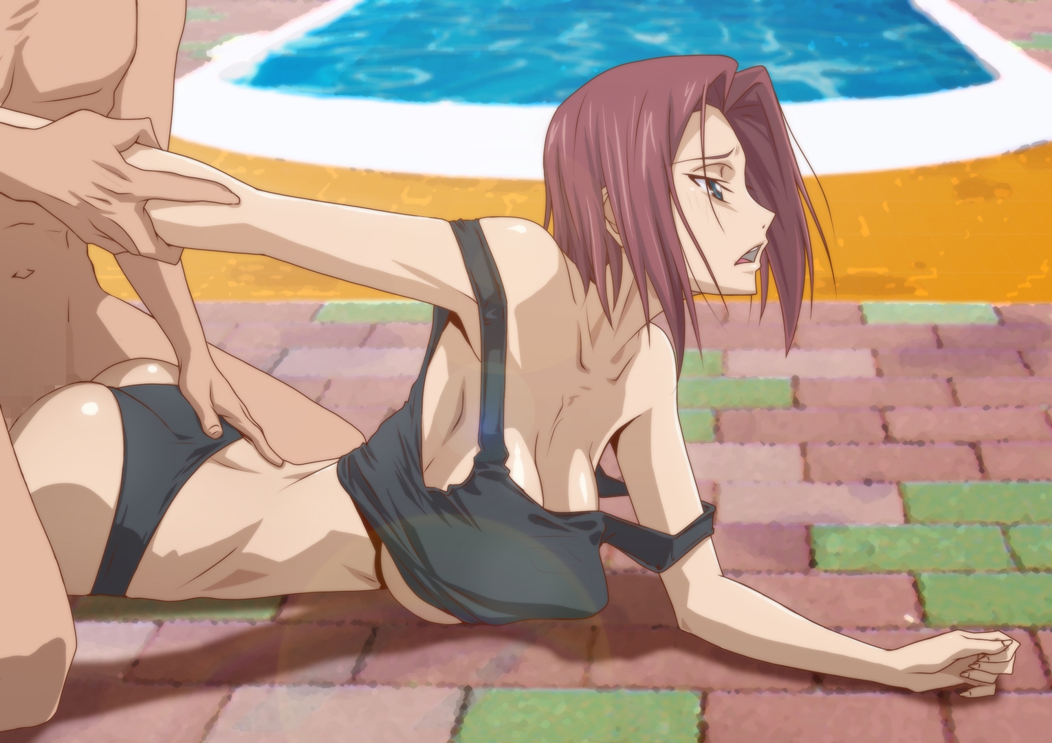 breasts, censored, clothed female nude male, code geass, female, floor sex, kallen stadtfeld, kyabakurabakufu, large breasts, male, pool, poolside, rape, red hair, sex, short hair