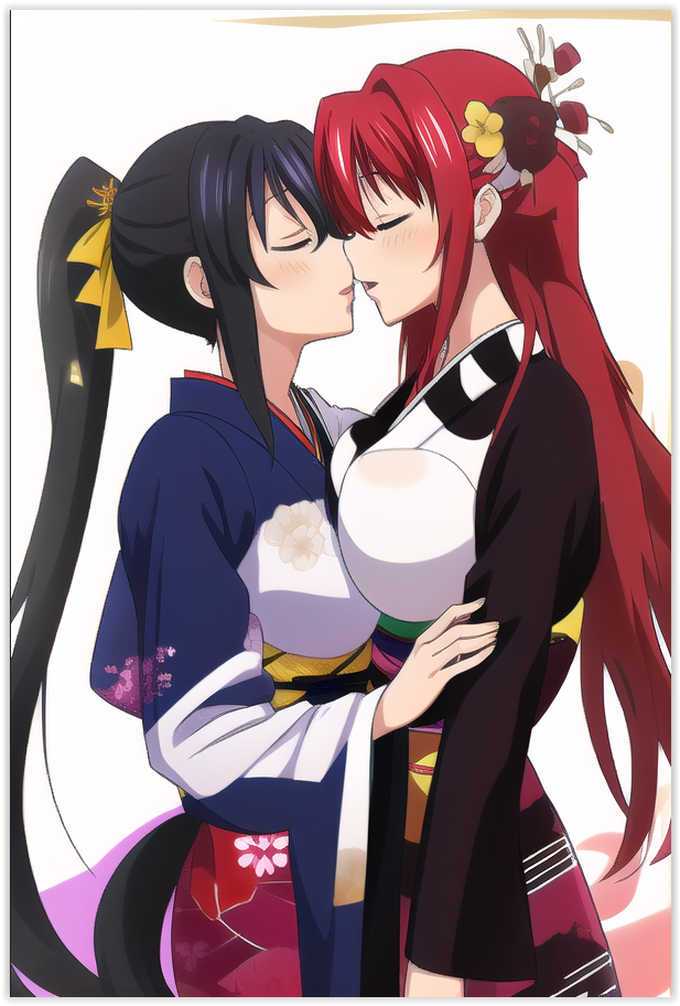 2girls 2women ai_generated akeno_himejima female girl_on_girl happy_new_year high_school_dxd lesbian_couple lesbian_kiss lovers rias_gremory sapphic yuri