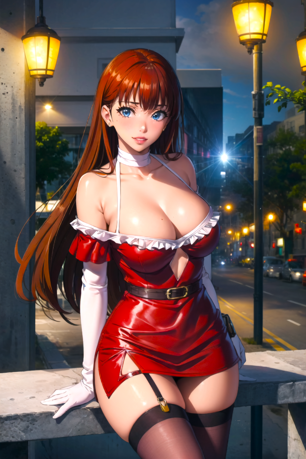 ai_generated anime babe bangs beautiful beautiful_females black_stockings blue_eyes brown_hair busty city city_background city_lights cleavage curvy_female date dress female garter_straps happy_new_year kawaii large_breasts lee_joo_hee lipstick looking_at_viewer looking_pleasured manhwa new_year night posing_for_the_viewer red_dress smile solo solo_female solo_leveling stable_diffusion stockings toongenai