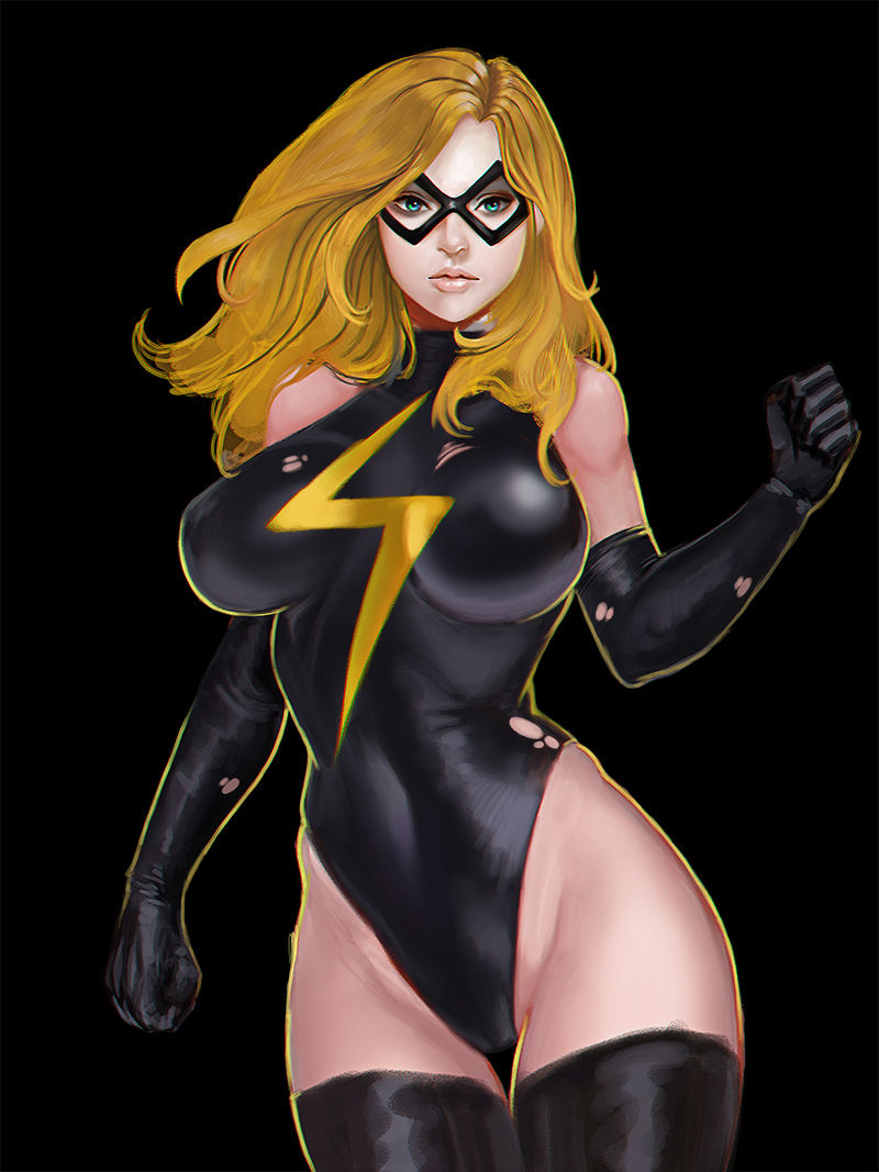 1girls, bare shoulders, blonde hair, blue eyes, botslim, breasts, carol danvers, elbow gloves, female, gloves, human, large breasts, leotard, long hair, marvel, marvel comics, mask, ms. marvel, ms. marvel (carol danvers), solo, standing, thigh gap, thighhighs, voluptuous