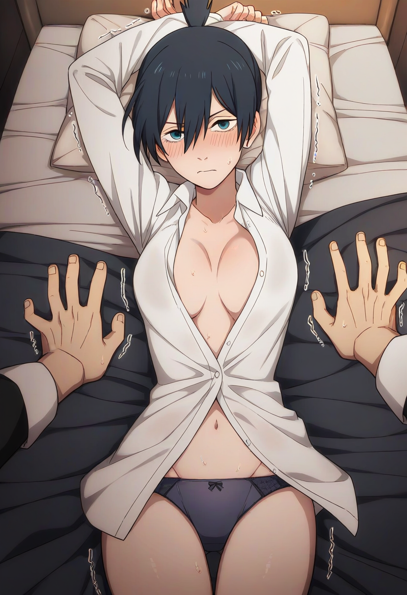 1boy 1girls ai_generated black_hair black_panties blush breasts chainsaw_man genderswap genderswap_(mtf) hands_behind_head hayakawa_aki looking_at_viewer on_bed open_shirt panties pillow pinned pov rule_63 sweatdrop thighs_together topknot trembling unbuttoned_shirt white_shirt