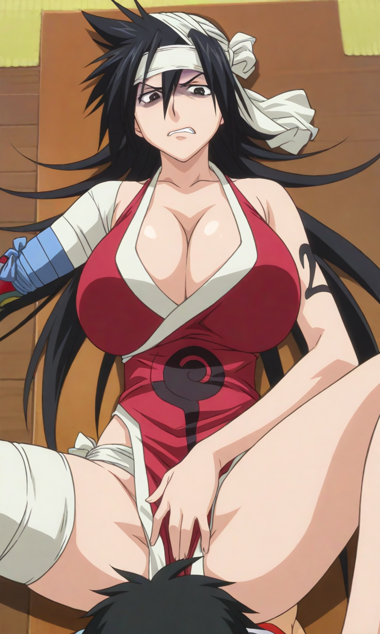 ai_generated amputee angry angry_face bandage bandaged_arm black_hair bleach brocolizz cheating disgusted disgusted_expression female fully_clothed giant_breasts groping groping_breasts huge_breasts kukaku_shiba lying lying_on_floor mature_female neckline rape spread_legs tall_female teeth_clenched thick_thighs voluptuous