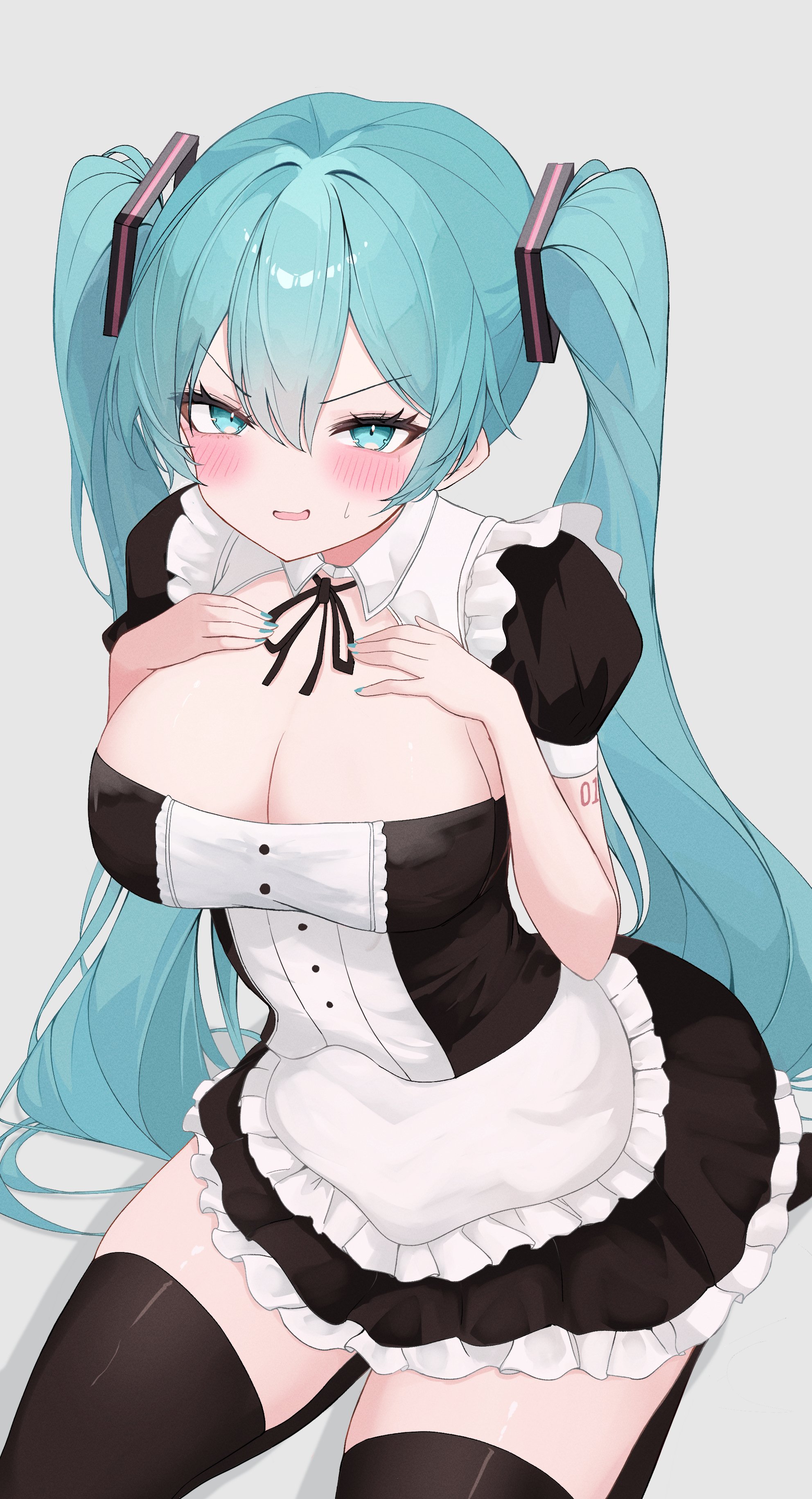 1girl, 1girls, alternate costume, apron, aqua eyes, aqua hair, bangs, big breasts, black dress, black thighhighs, blue eyes, blue hair, blush, breast focus, breasts, cleavage, dress, eikawa suru, enmaided, female, hair ornament, hands on breasts, hands on own chest, hatsune miku, kawasuru, large breasts, large thighs, long hair, looking at viewer, maid, maid apron, maid headdress, maid uniform, nail polish, open mouth, pov eye contact, short sleeves, simple background, sitting, skirt, solo, sweat, sweatdrop, sweating, tattoo, thick thighs, thighhighs, thighs, twintails, very long hair, vocaloid